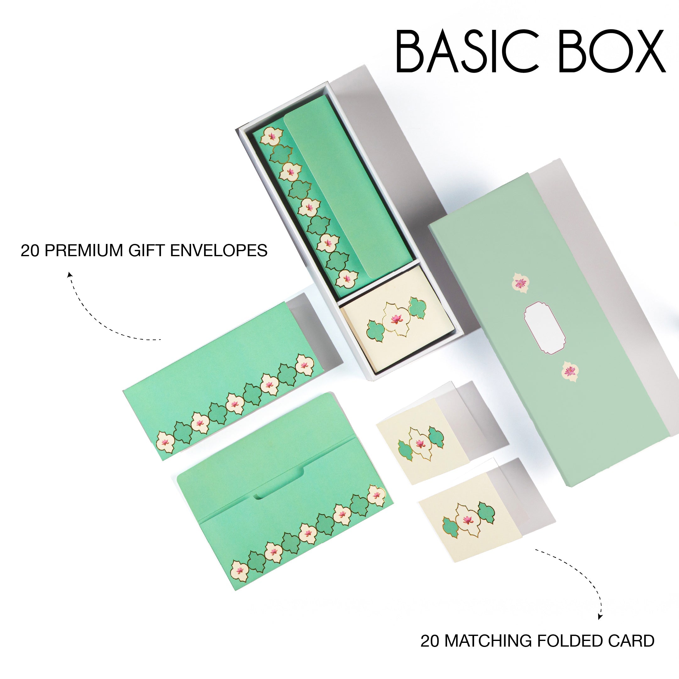 Pastel green floral stationery set with boxes, envelopes, and cards.

