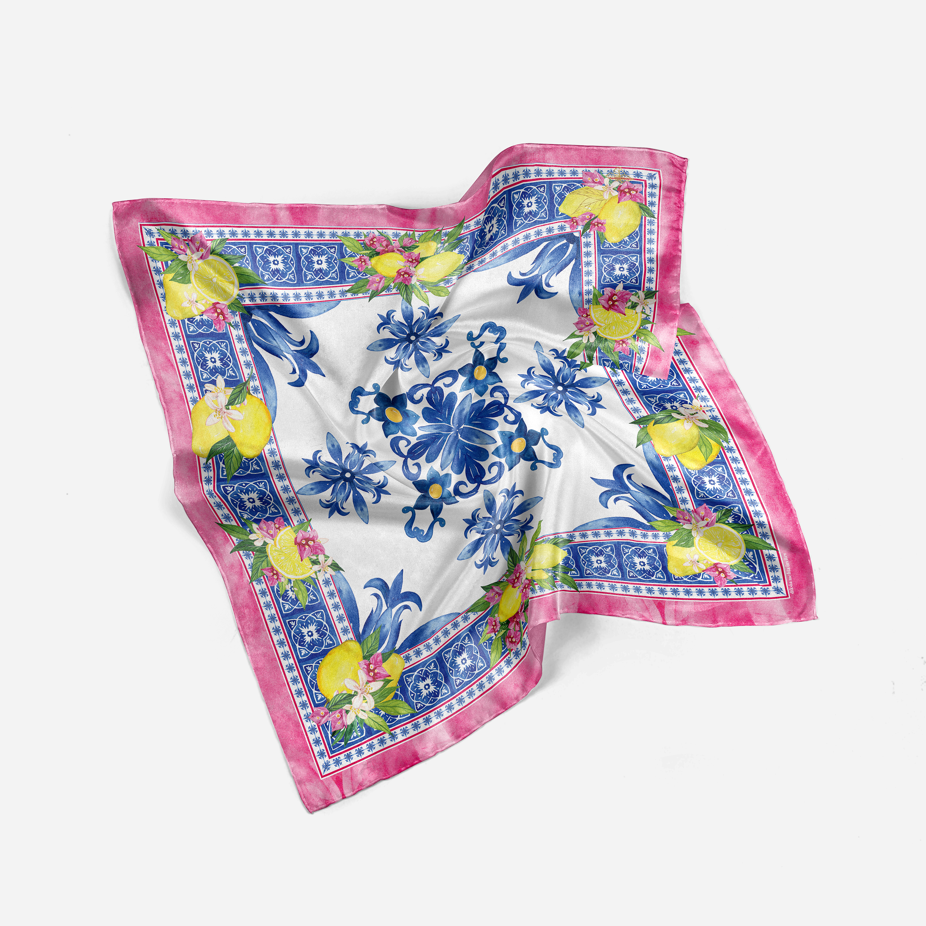 Citrus Reverie 100 x 100 cm viscose silk scarf featuring citrus fruits, floral blossoms and ornamental botanical motifs