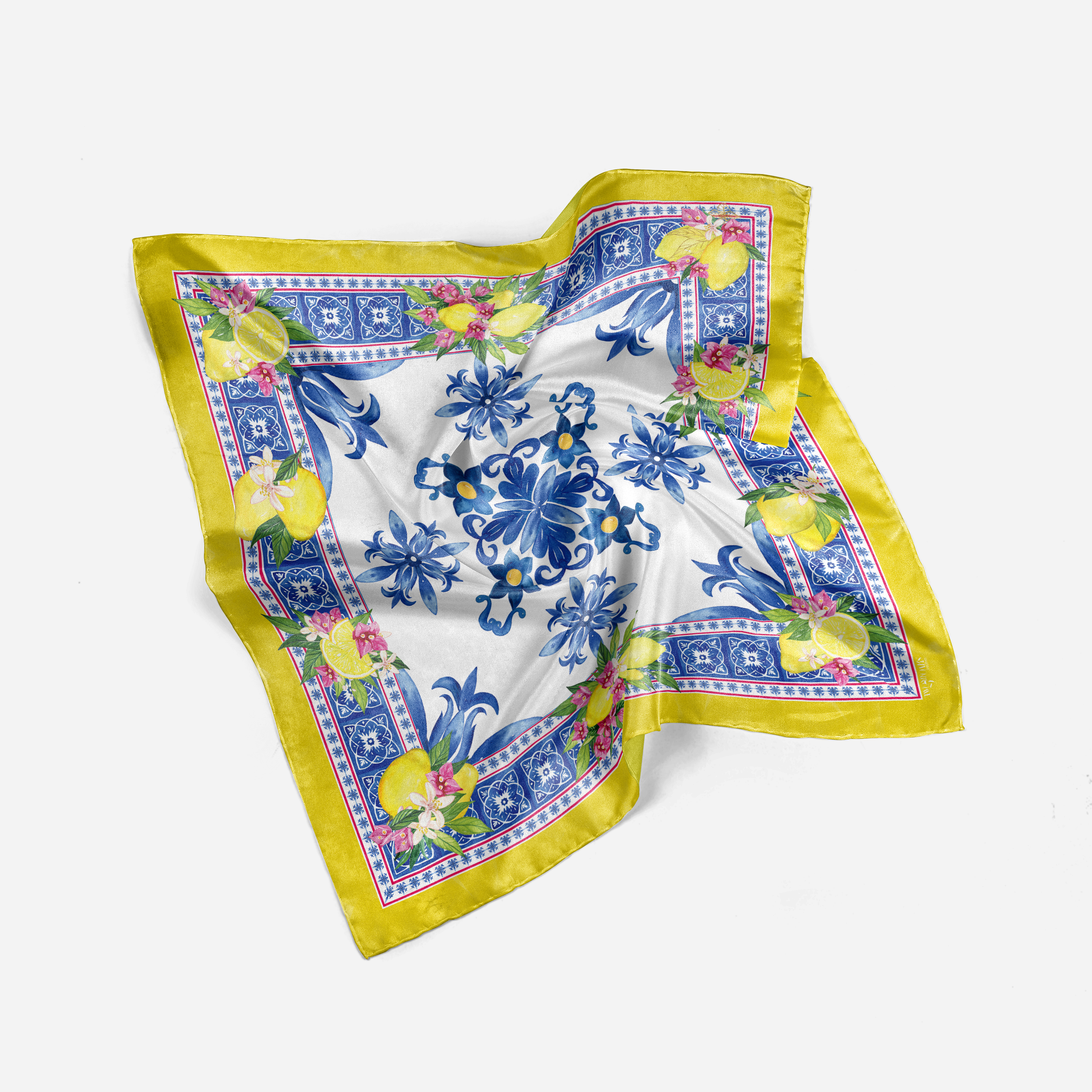 Premium women’s square viscose silk scarf with citrus, botanical and decorative floral print, 100 x 100 cm
