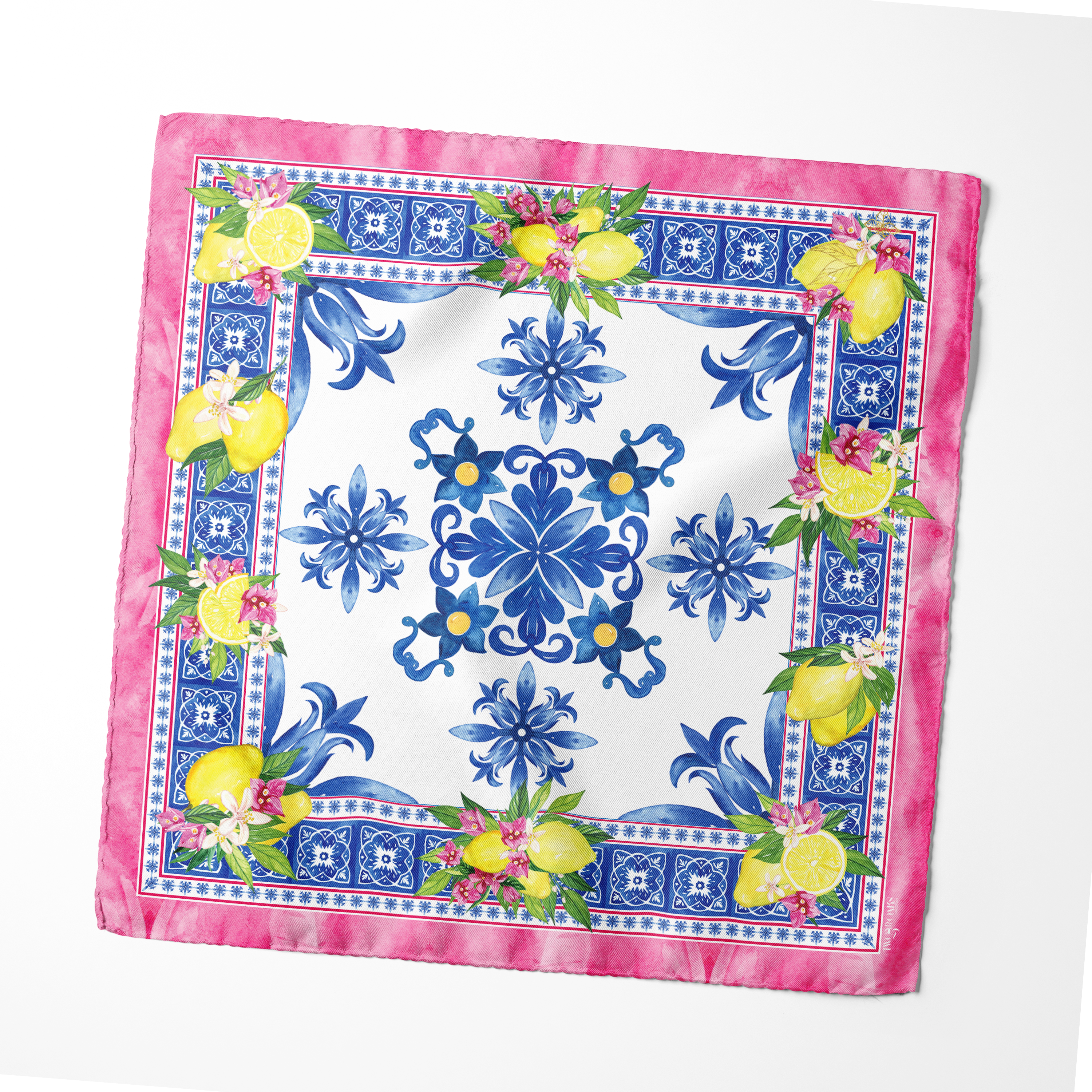 Premium women’s square viscose silk scarf with citrus, botanical and decorative floral print.
