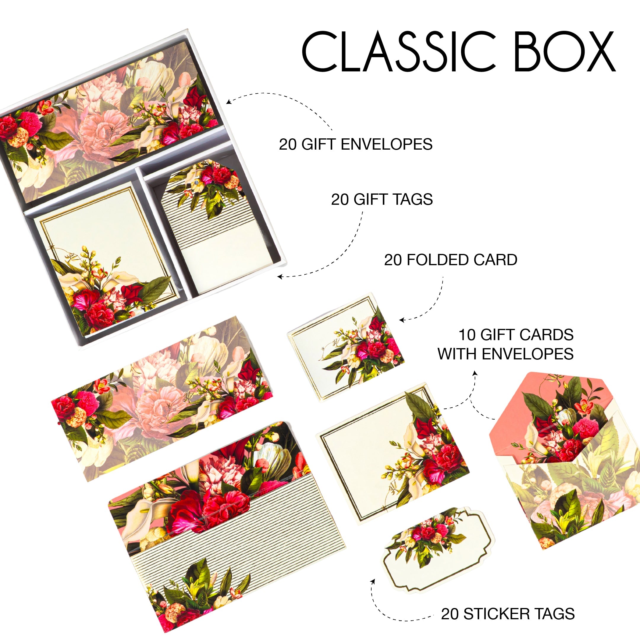 Floral stationery gift set with red and ivory blooms, includes tags, envelopes, and notecards in a keepsake box.