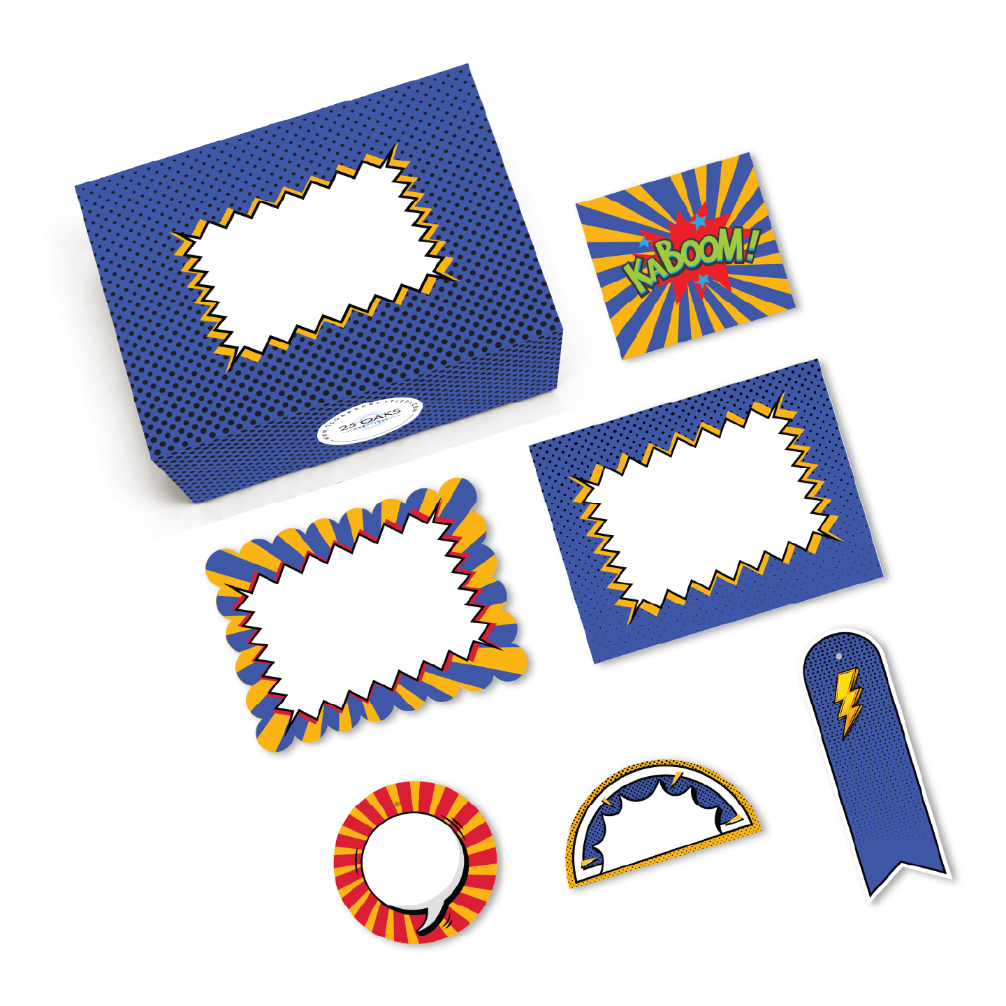 Comic-themed stationery set with bold blue pop art patterns, gift cards, tags, and playful graphic elements.