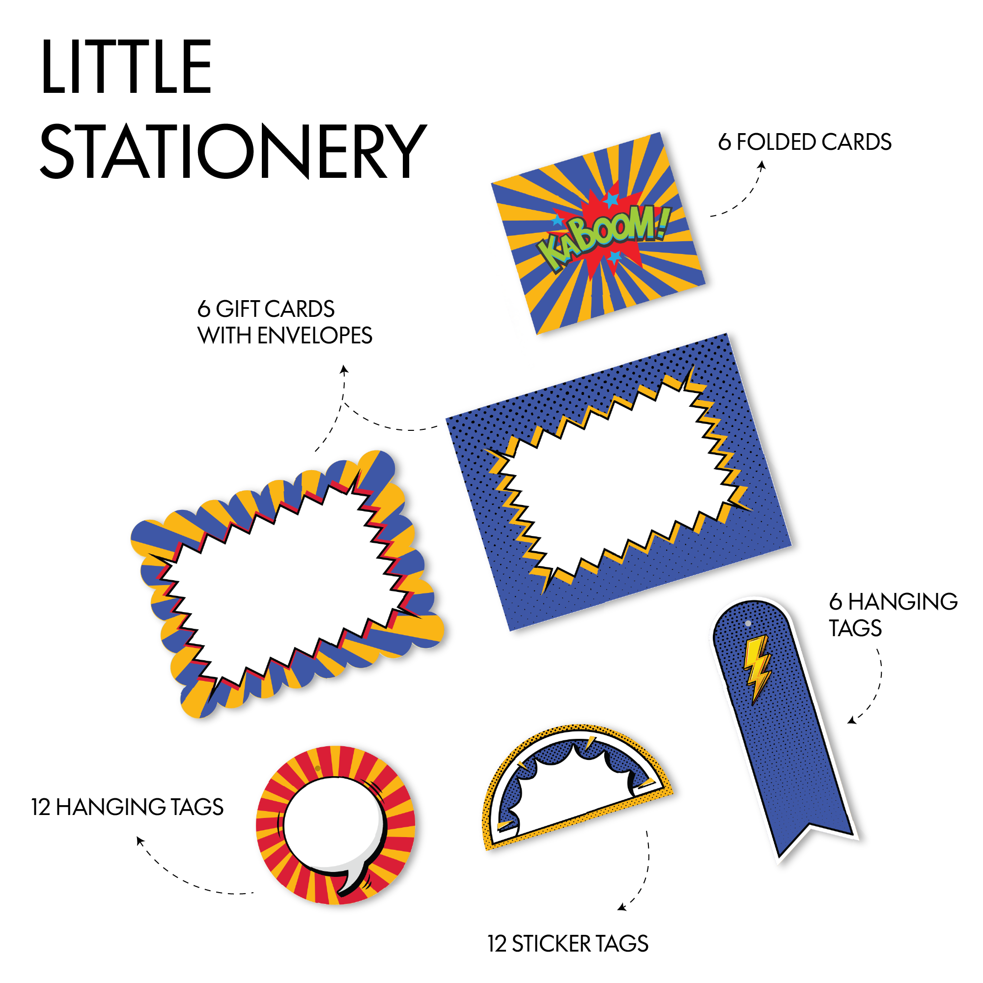 Colourful superhero-inspired stationery set with comic graphics, sticker tags, and modern gifting accessories.