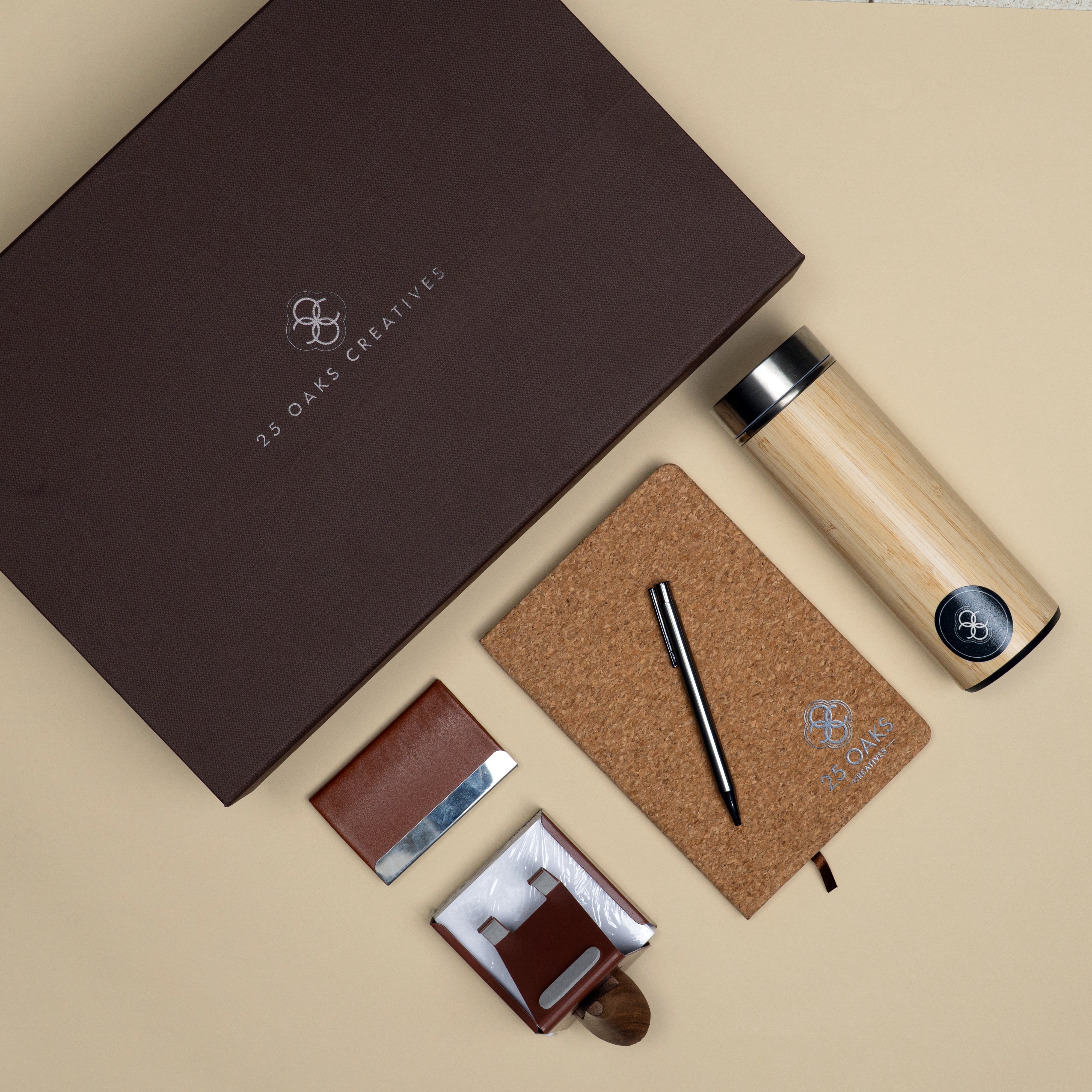 The Workspace corporate gifting set featuring a bamboo bottle, diary, pen and office accessories packed in a premium customized gift box.
