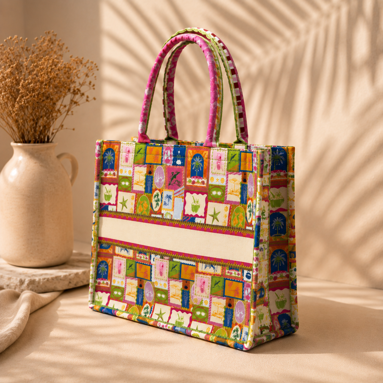 Tropical Beach Stamp Canvas Tote Bag