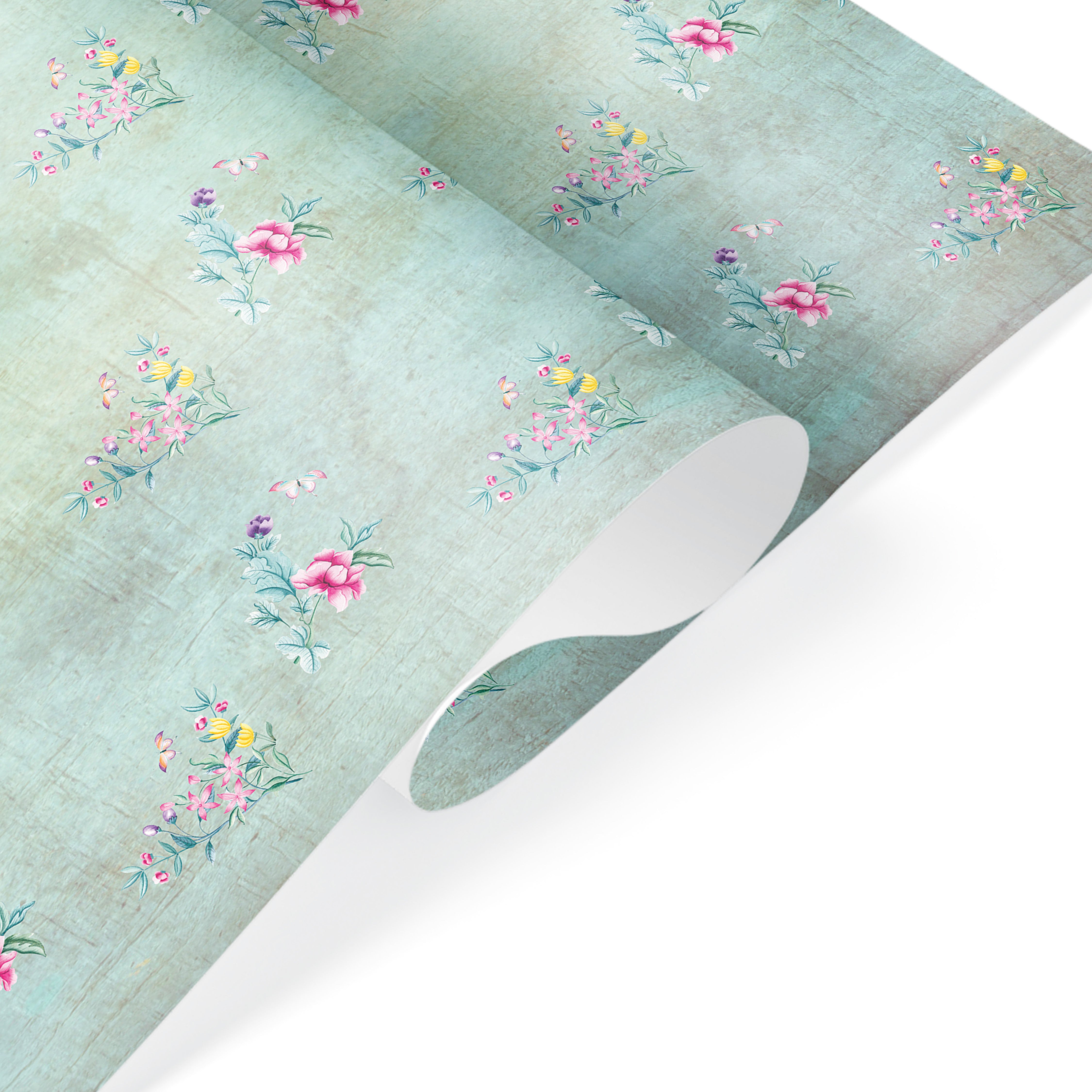 Wrapping paper featuring small, scattered floral patterns with pink, yellow, and purple flowers on a textured background.