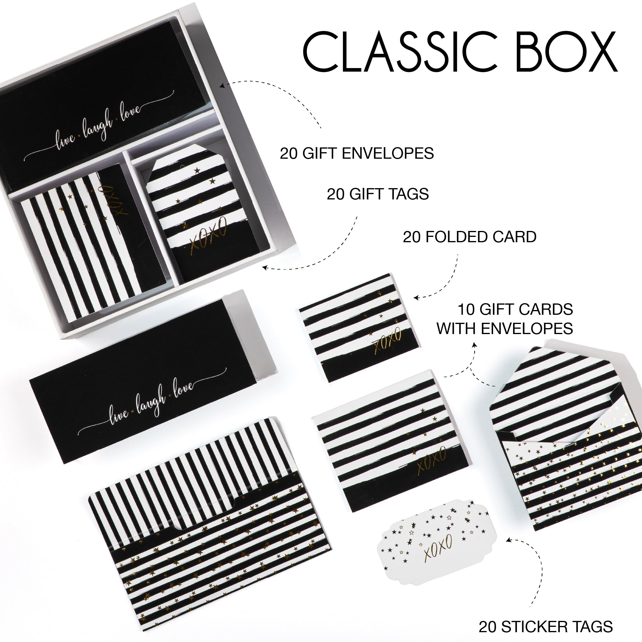 Black-and-white striped stationery set featuring “XOXO” accents and gold‑foil stars.