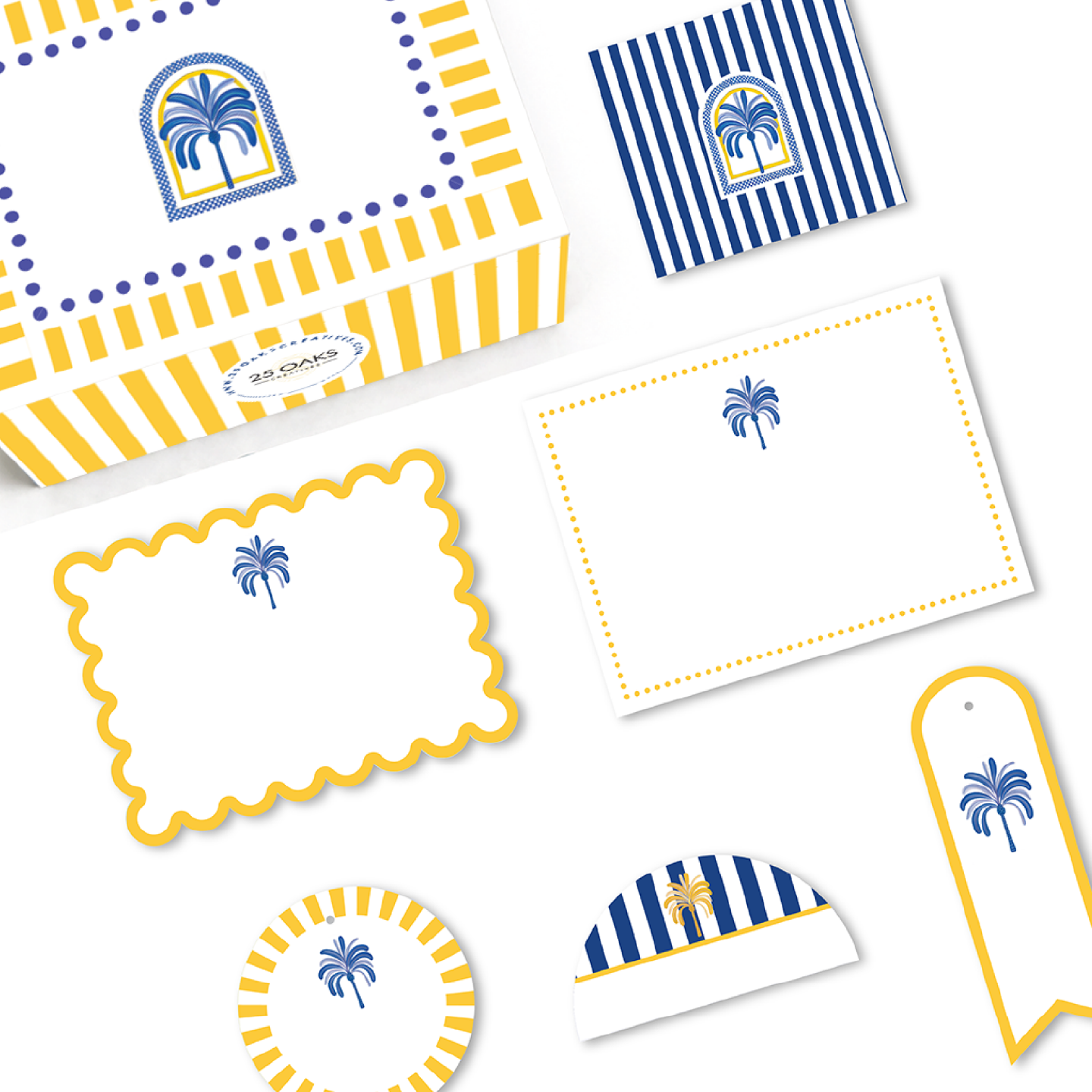 Elegant palm motif stationery set with coastal blue stripes and yellow accents