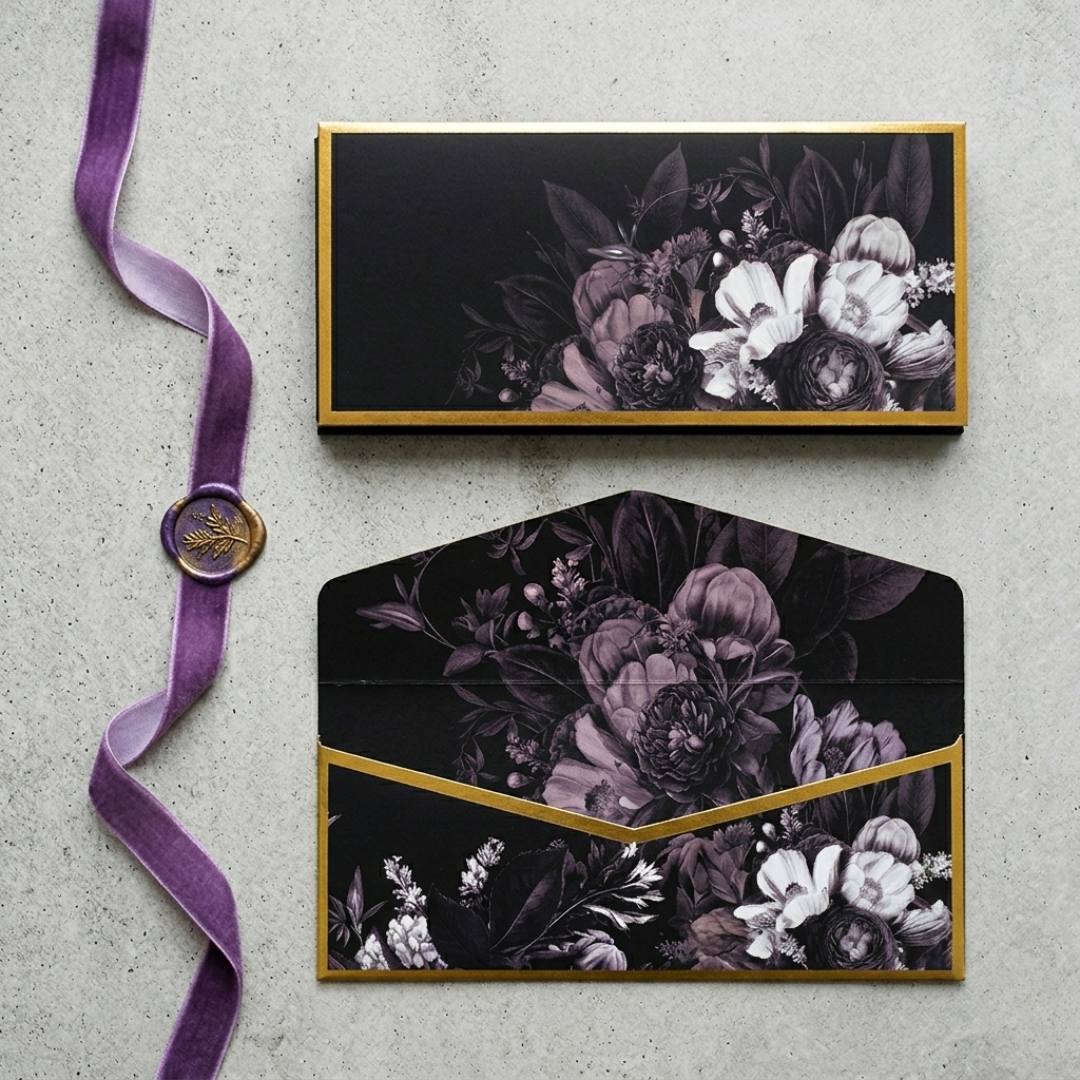 A sophisticated set of money envelopes in black, adorned with white and grey blooms and elegant gold details. 