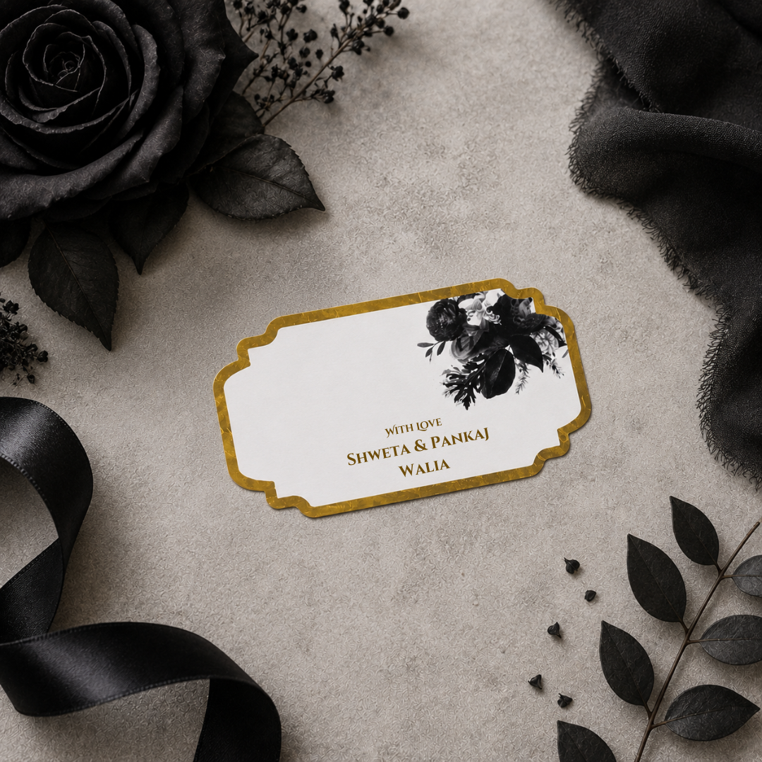 Luxury Black Rose peel and stick gift tag featuring monochrome floral artwork with elegant gold border detailing.