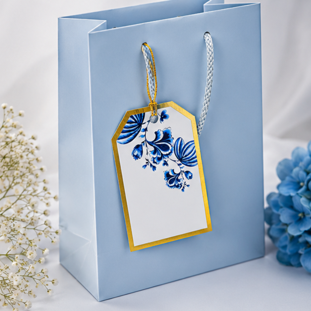 Premium botanical hanging tags featuring delicate blue floral illustrations and gold edging, perfect for weddings and festive hampers.