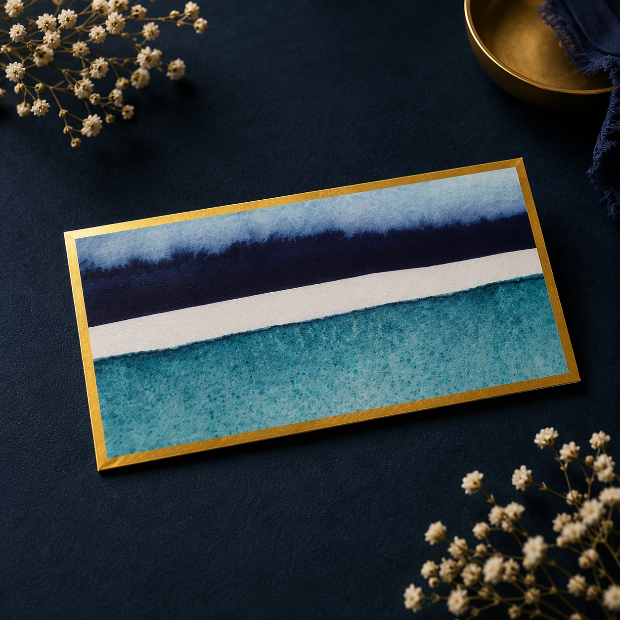 Elegant blue watercolor envelope design with gold border detailing and modern artistic aesthetic.