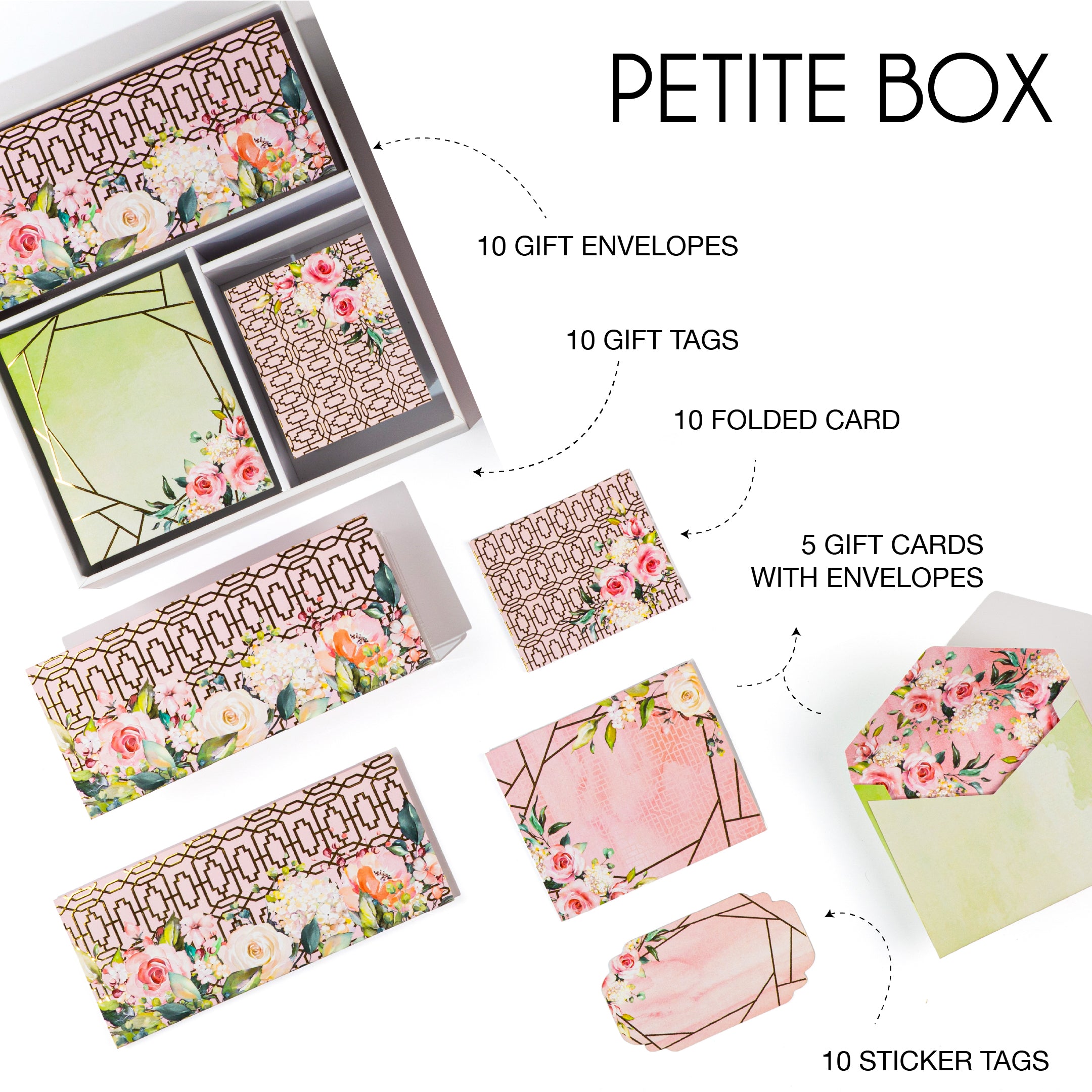 Premium floral stationery box with soft blush textures, fresh green accents, and detailed rose illustrations across cards and envelopes.