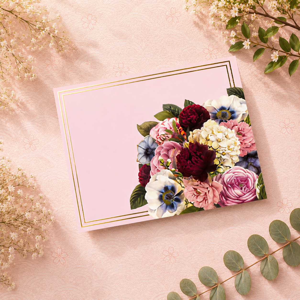 Elegant blush pink folded card featuring romantic floral illustrations, gold foil accents, and refined wedding stationery styling.