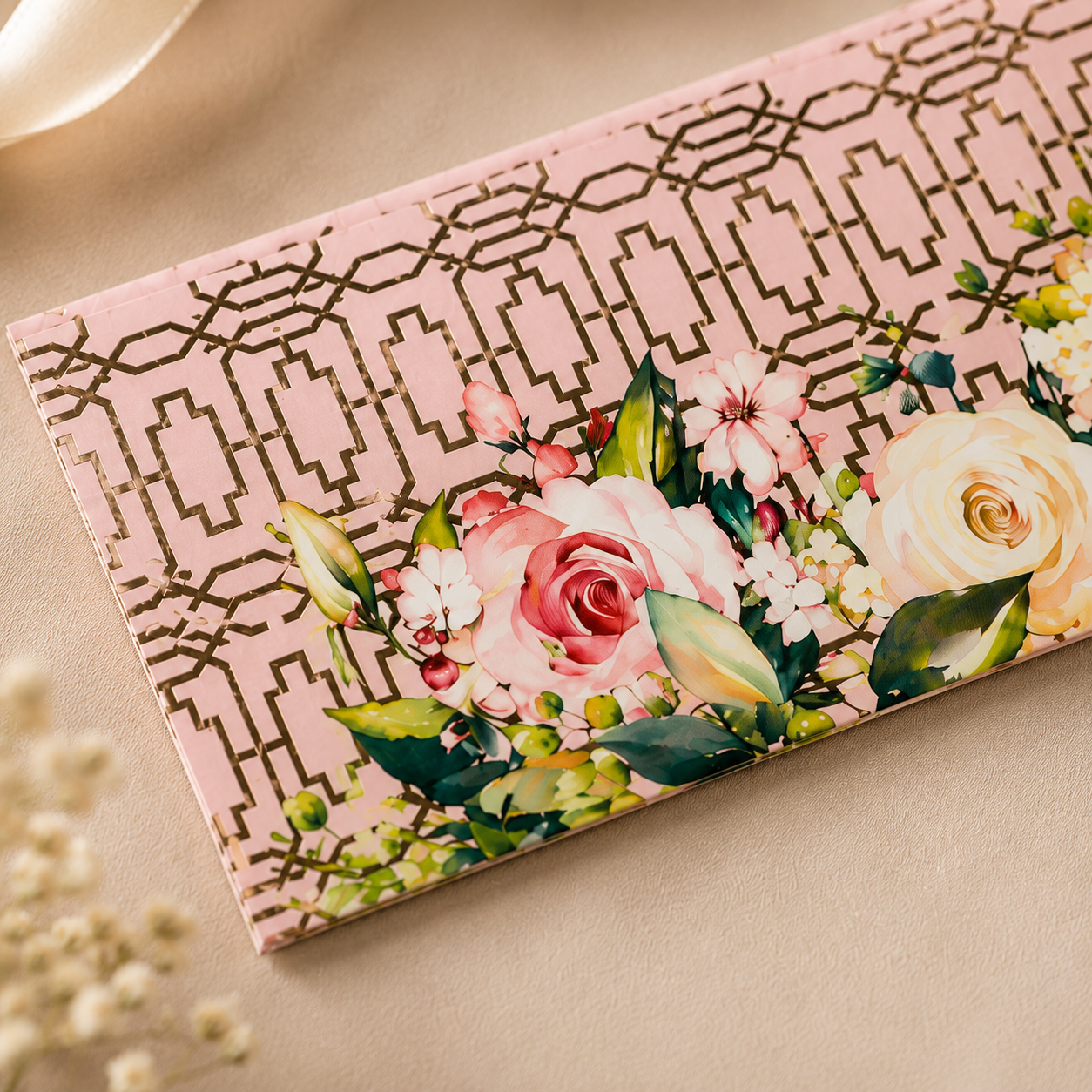 Premium pastel pink envelope featuring delicate floral artwork and modern lattice-inspired detailing.