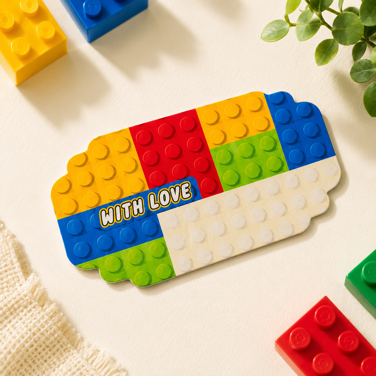 Colorful building blocks peel and stick gift tag with vibrant toy-inspired design and “With Love” text for kids gifting.