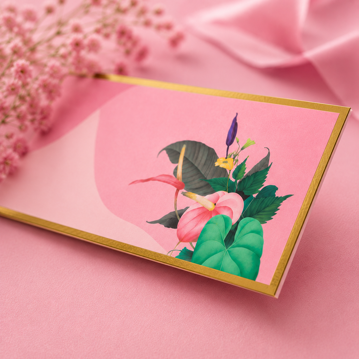 Luxury pastel pink envelope featuring abstract wave patterns, gold detailing, and tropical floral illustrations.
