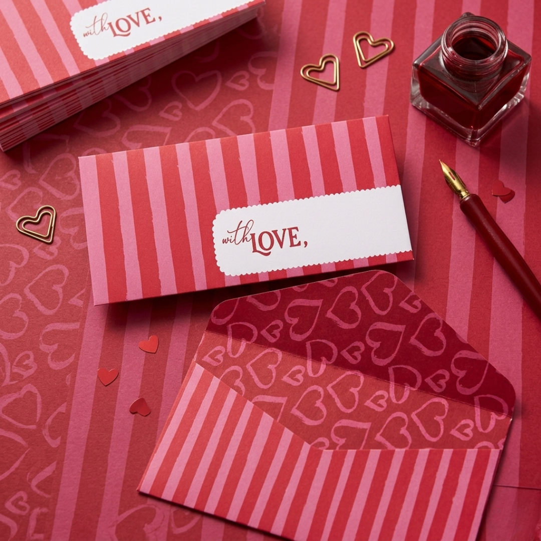 A playful set of money envelopes inspired by pop art and candy stripes. With bold splashes of red, pink, and white, a burst of joy on paper, sealed with love.