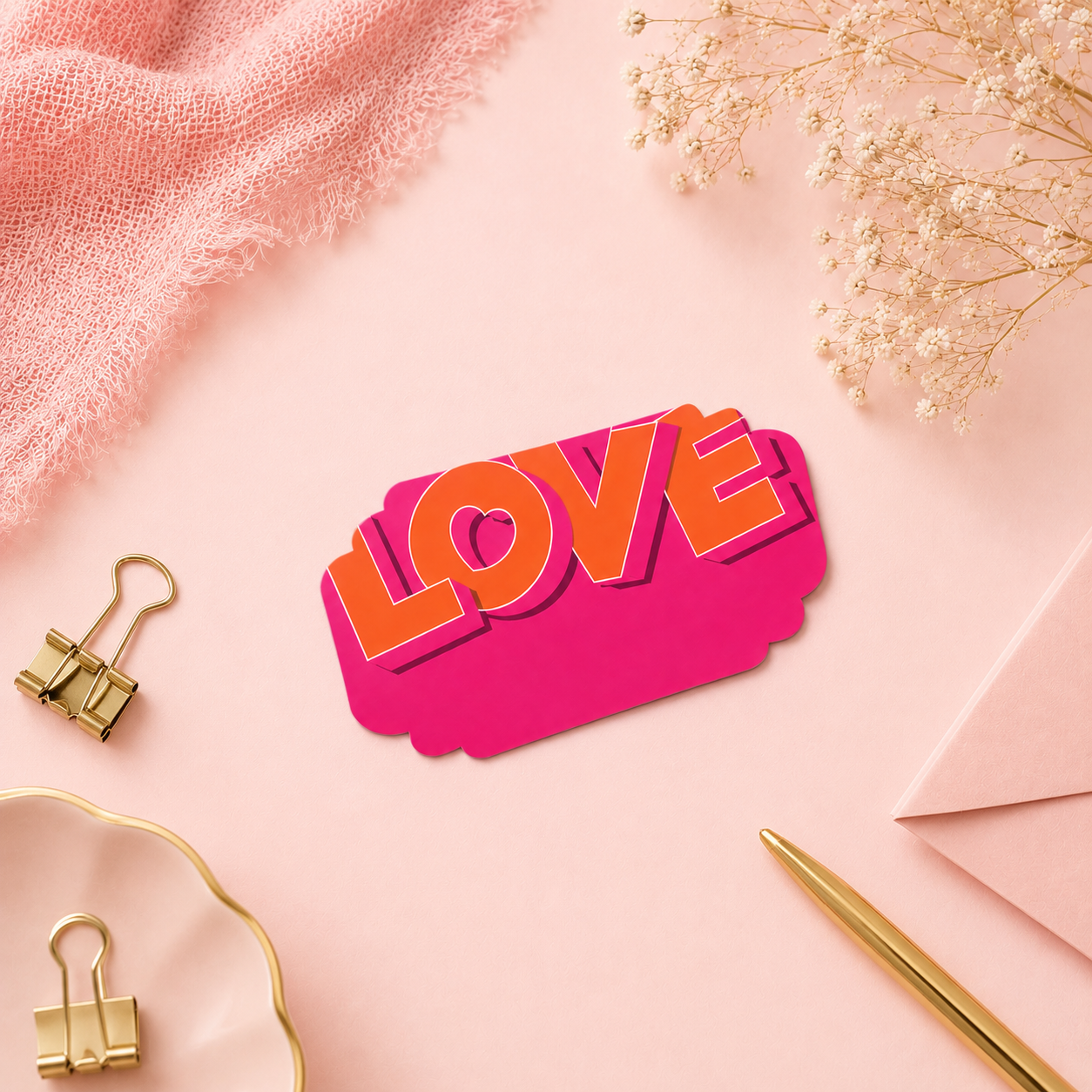 Vibrant LOVE peel and stick gift tag in bright pink and orange tones with bold modern typography.