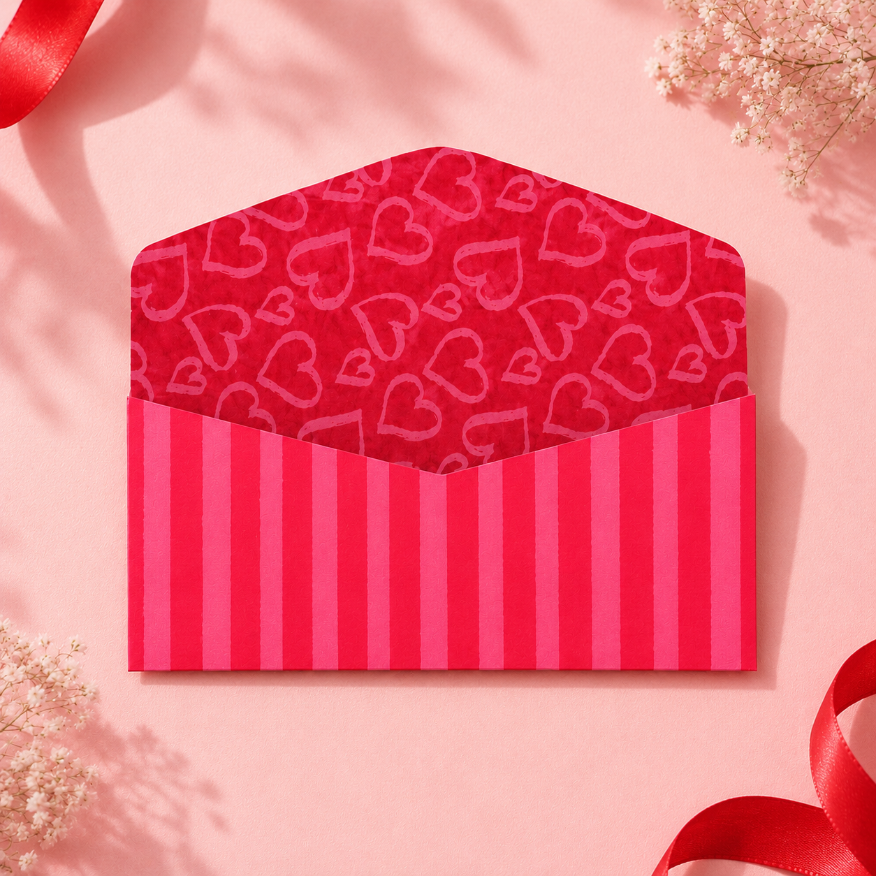 A playful set of money envelopes inspired by pop art and candy stripes. With bold splashes of red, pink, and white, a burst of joy on paper, sealed with love.