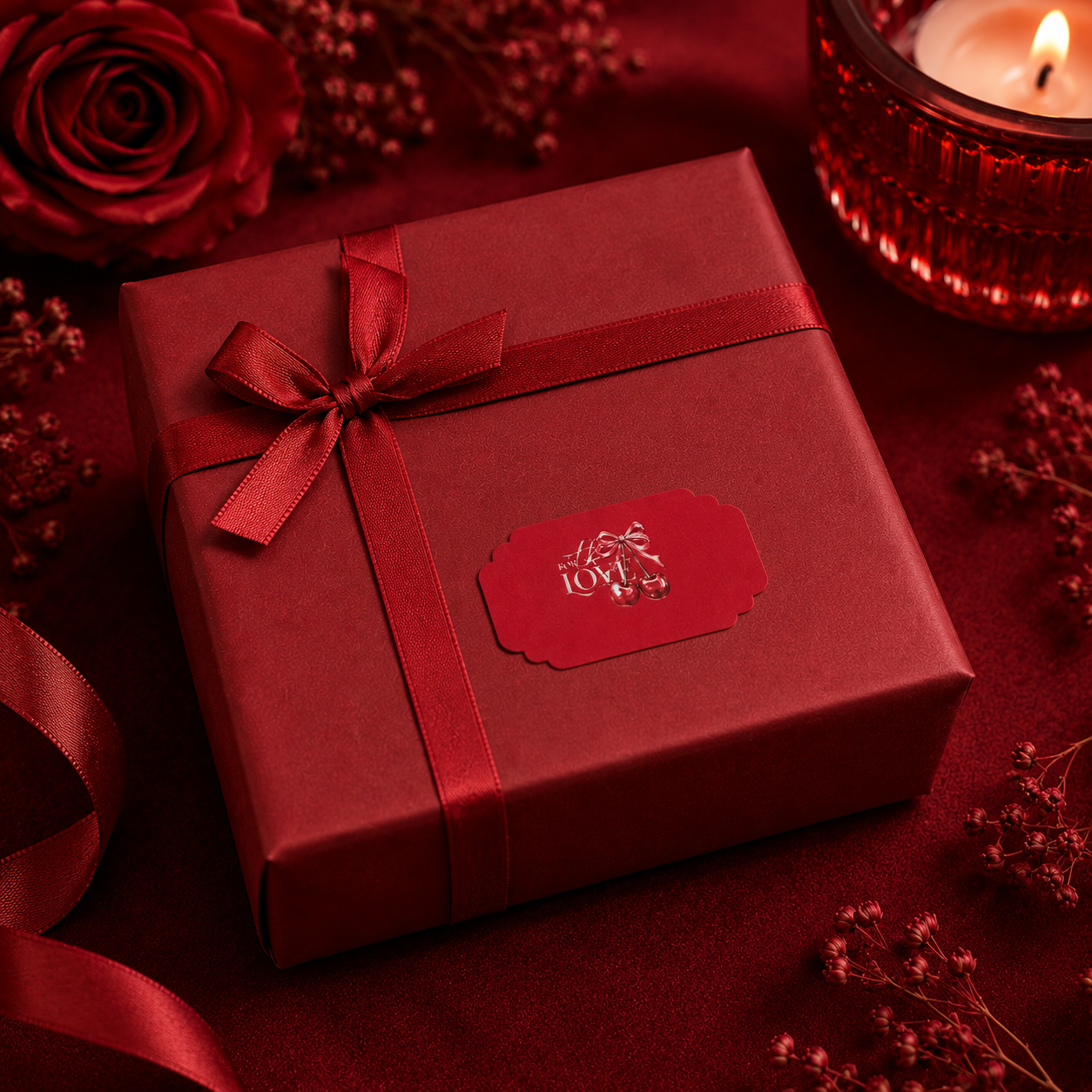 Elegant crimson gift sticker with cherry-themed artwork, perfect for Valentine’s gifts, festive hampers, and special occasions.