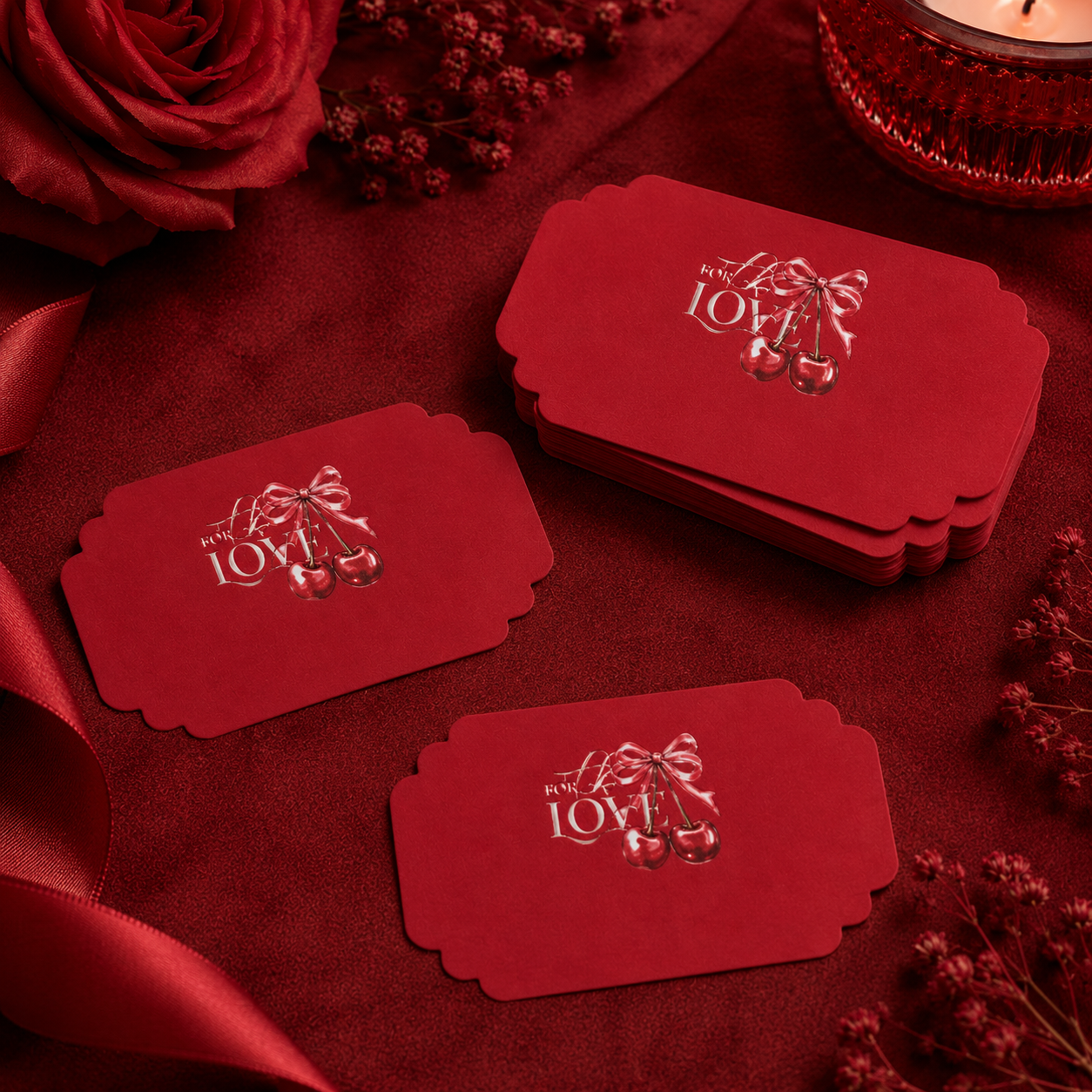 Luxury red sticker tag featuring playful cherry illustrations and stylish “For Love” text for premium gifting.