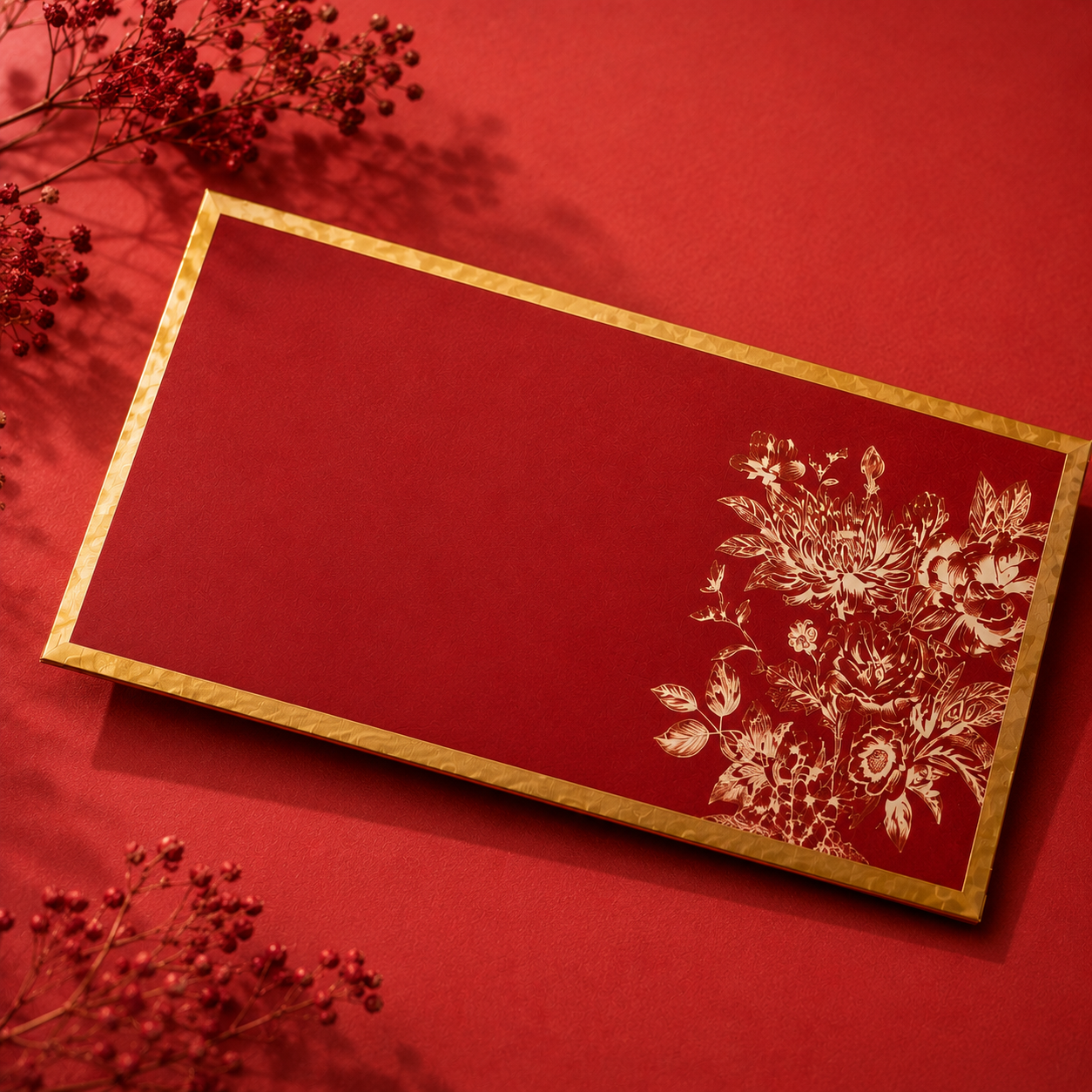 Premium red money envelope set featuring chinoiserie-inspired floral detailing and gold accents.