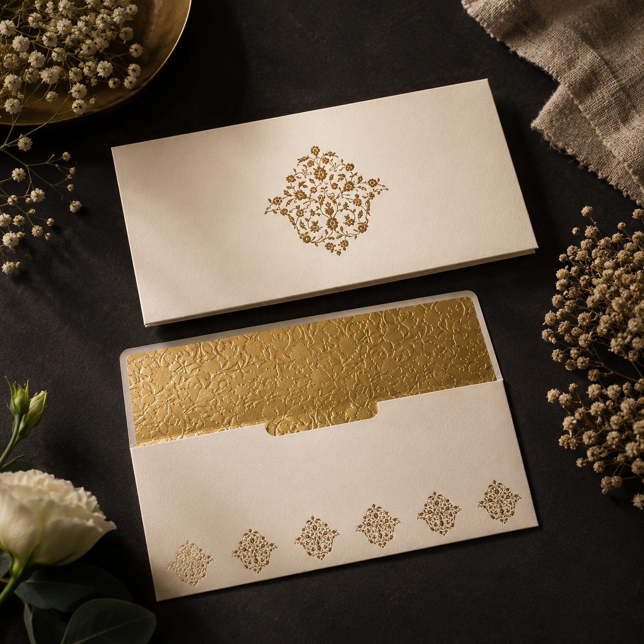 Luxury ivory and gold floral envelope design with intricate embossed detailing and elegant minimal aesthetic.