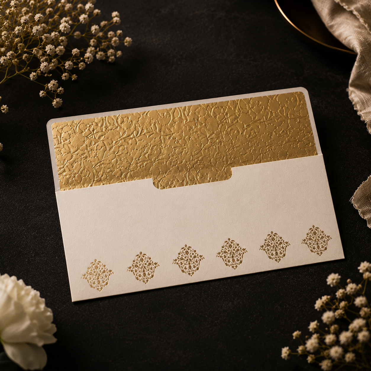 Elegant floral gift envelope featuring metallic gold detailing on textured ivory paper with luxe finish.