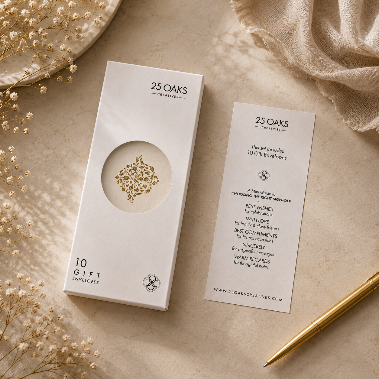 Minimal luxury envelope design with ornate gold floral motifs and timeless classic stationery styling.