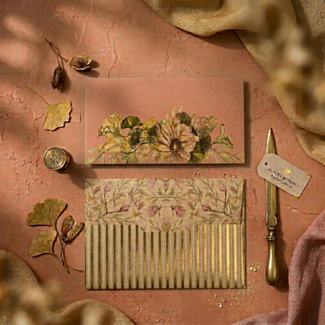 Floral lifafas with ginko motifs and gold detailing in old rose hues.