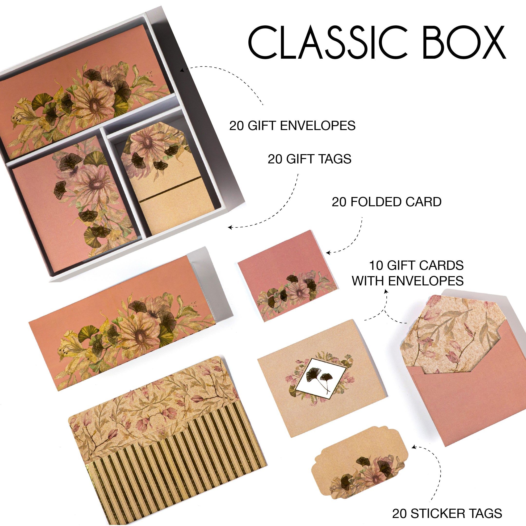 Soft pink stationery box with gold-accented floral designs and matching cards and tags.