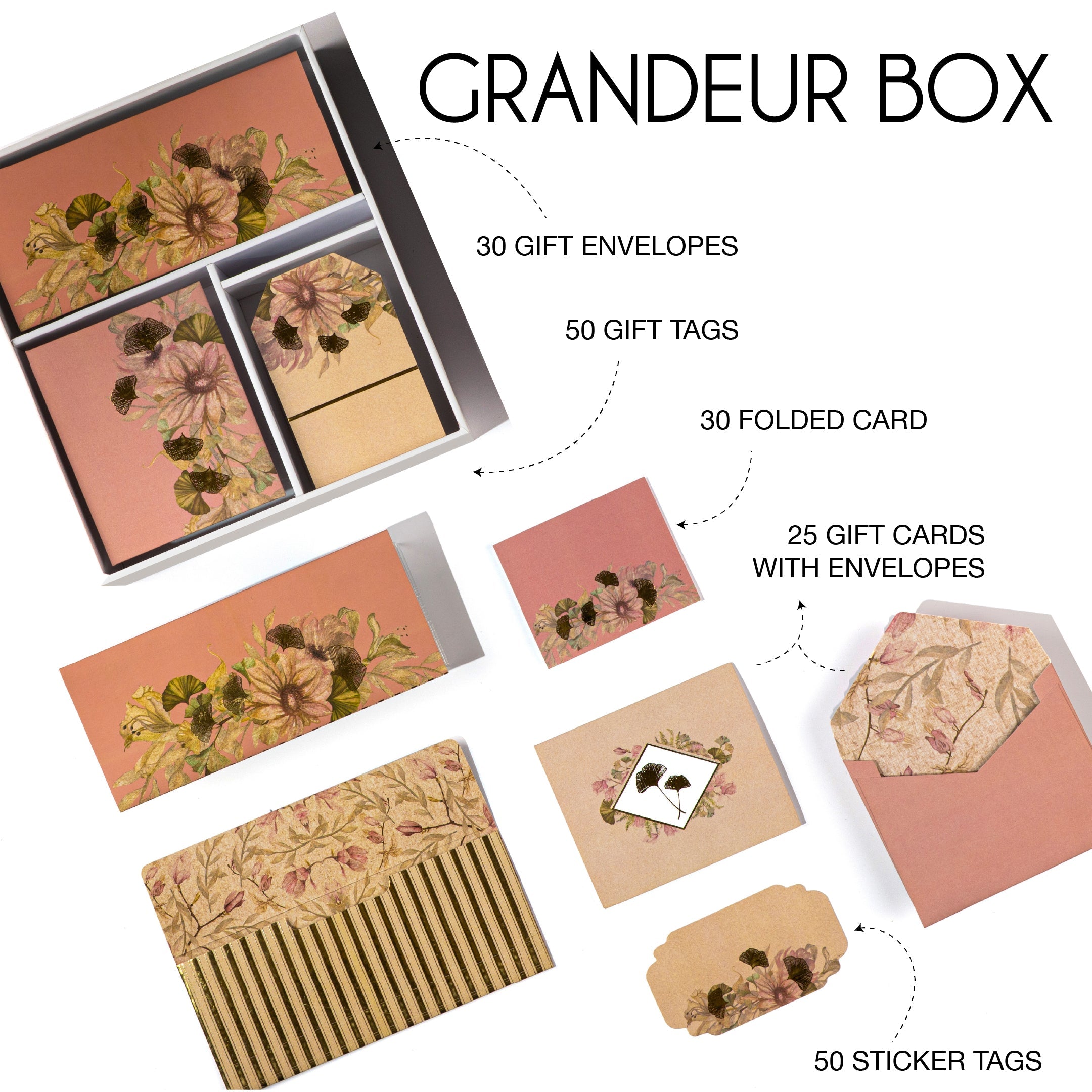 Soft pink stationery box with gold-accented floral designs and matching cards and tags.