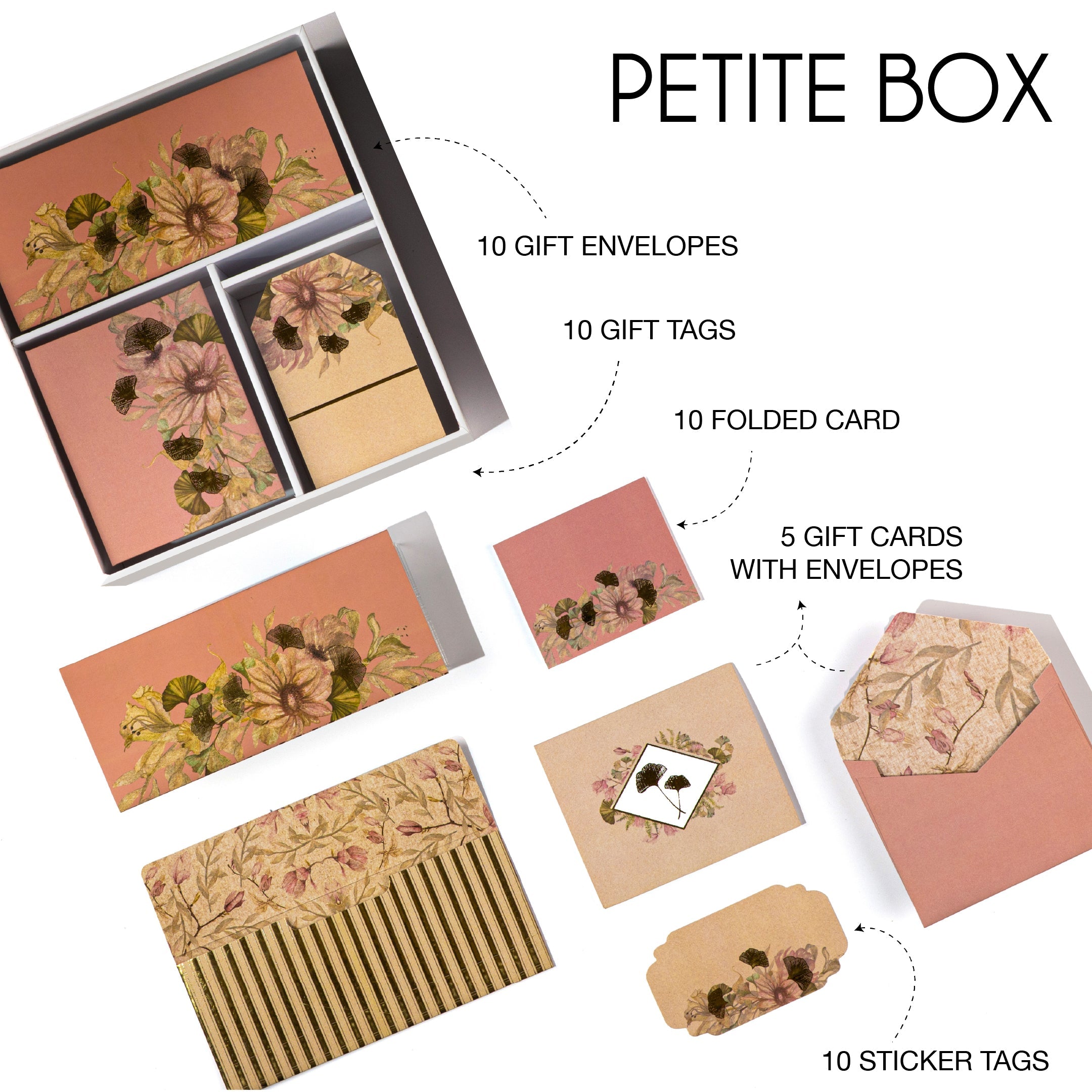 Soft pink stationery box with gold-accented floral designs and matching cards and tags.