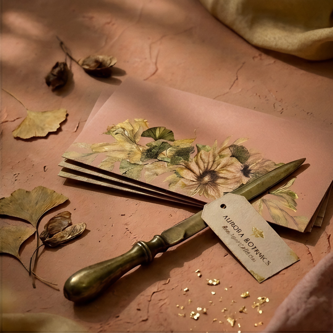 Floral lifafas with ginko motifs and gold detailing in old rose hues.