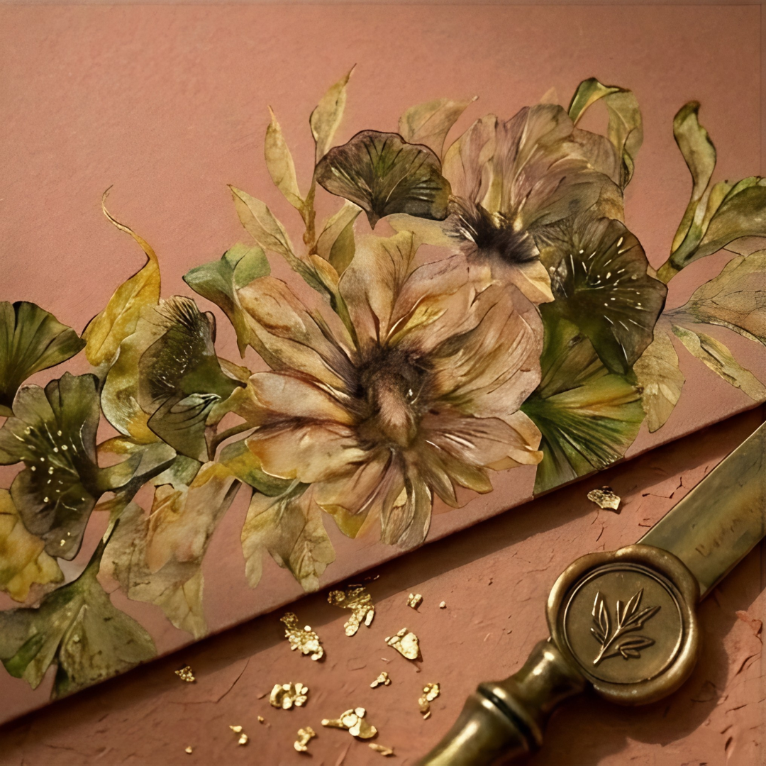 Floral lifafas with ginko motifs and gold detailing in old rose hues.