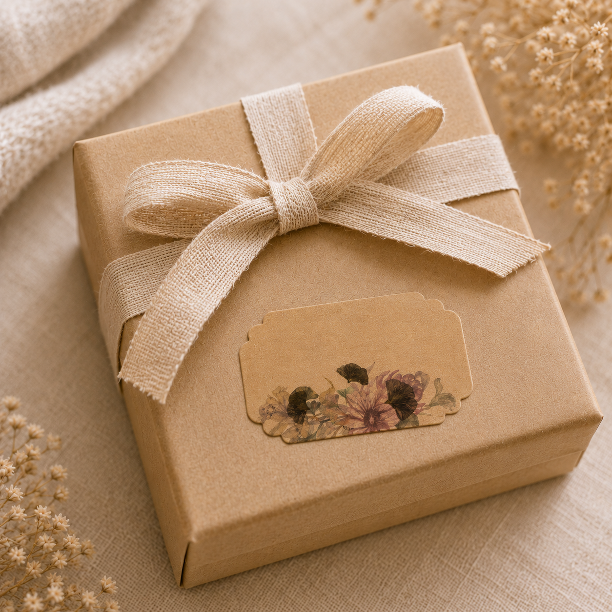 Minimal floral sticker tag with translucent botanical detailing and soft beige background, perfect for weddings and hampers.