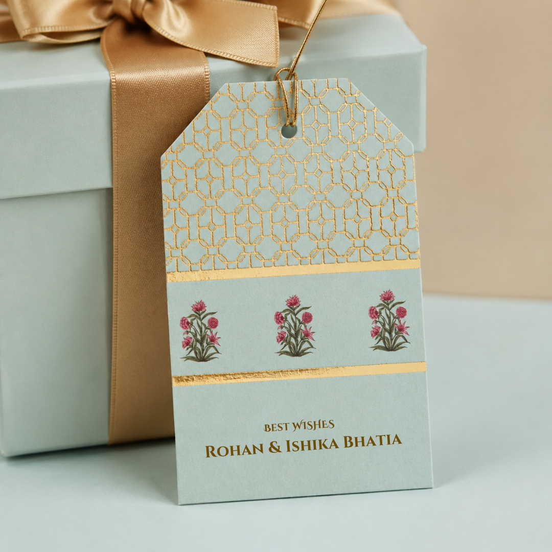 Mughal Bloom hanging tag with elegant Mughal-inspired floral design and golden dori
