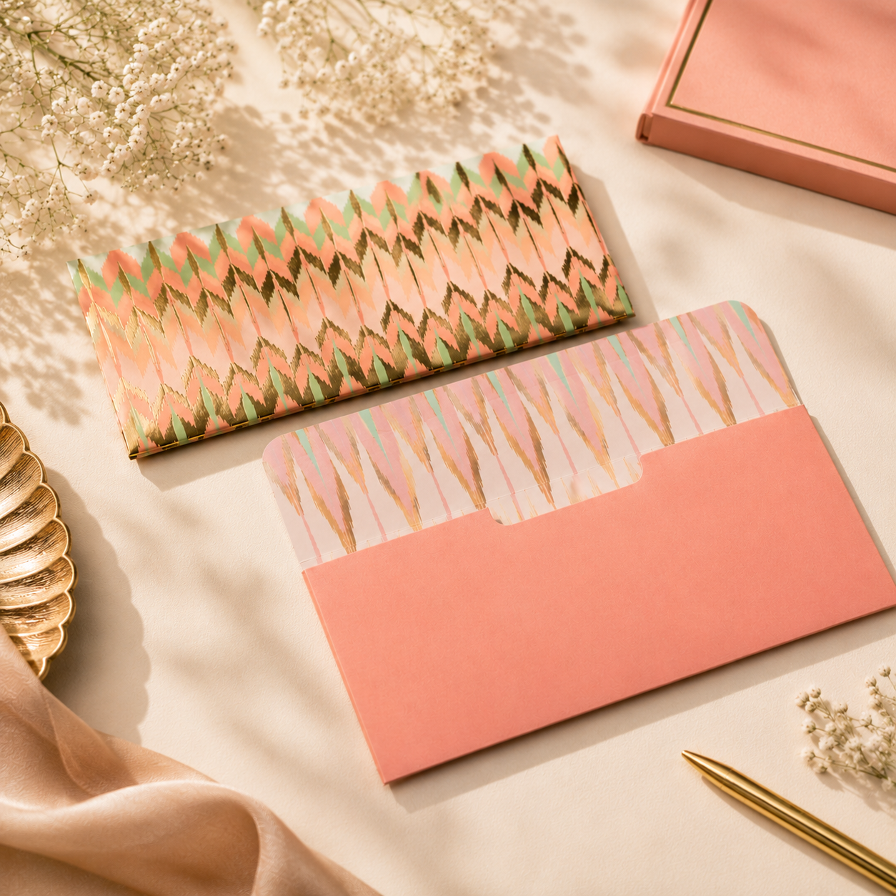 A chic envelope featuring a soft pastel Ikat print with elegant gold details, perfect for stylish gifting. 