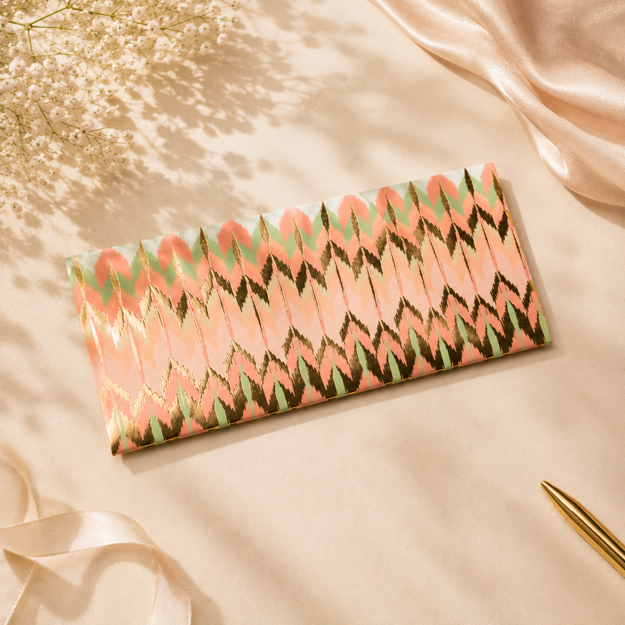A chic envelope featuring a soft pastel Ikat print with elegant gold details, perfect for stylish gifting. 