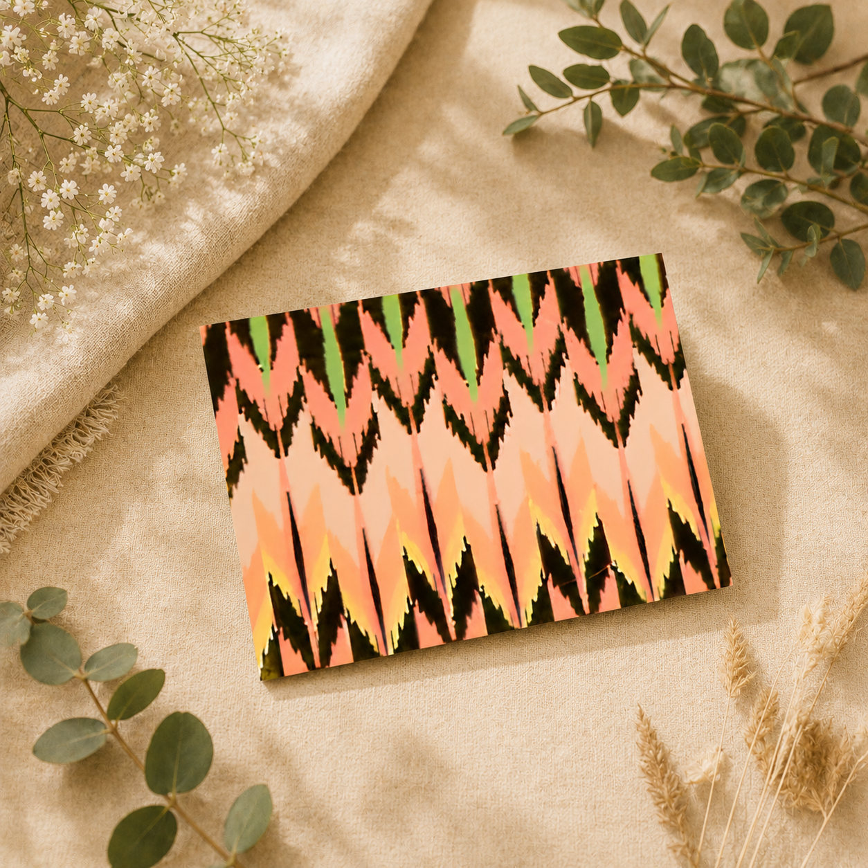 Luxury folded greeting card featuring blush and olive ikat-inspired design with minimalist styling and warm neutral background.