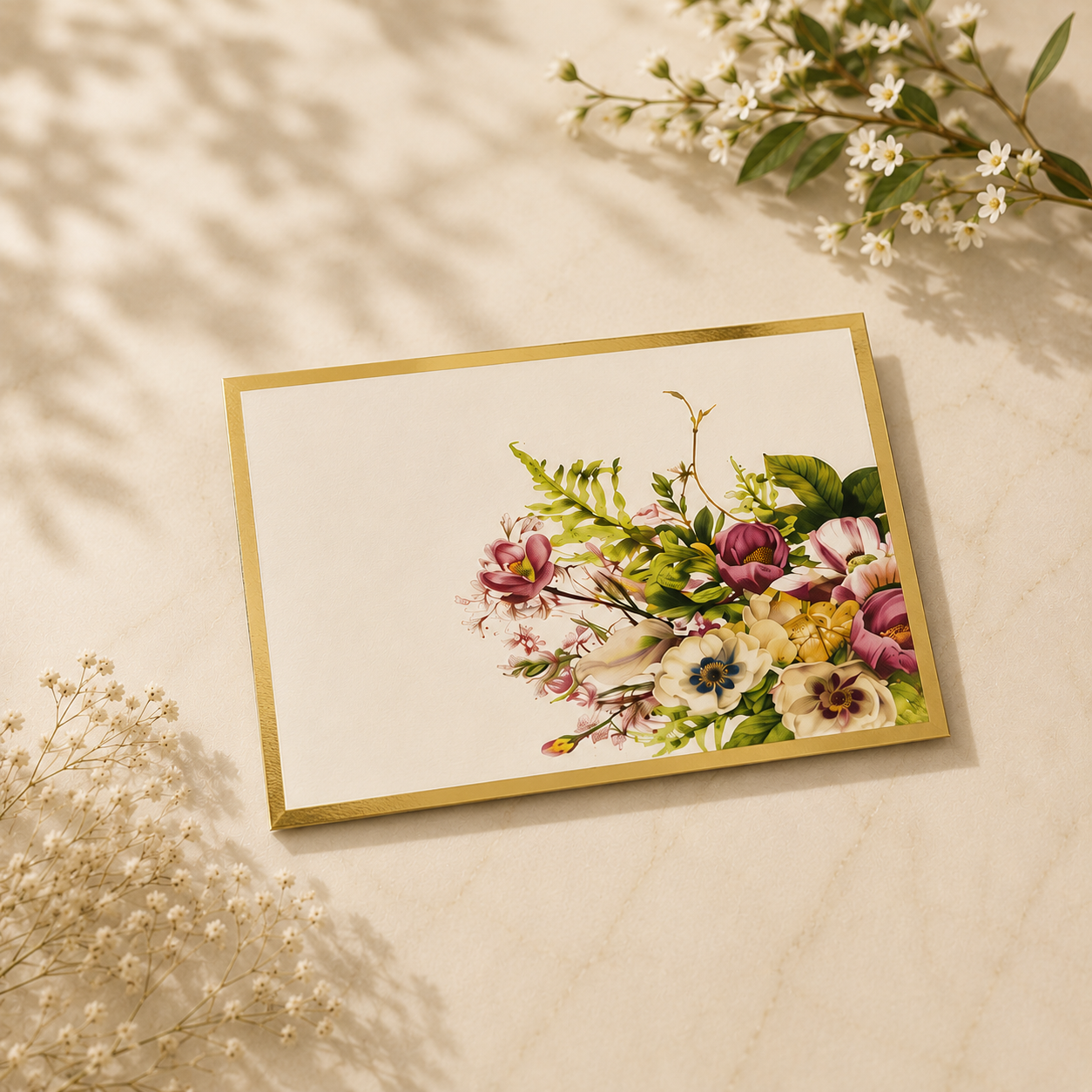 Premium floral folded note card featuring botanical blooms on an ivory background with gold accents.