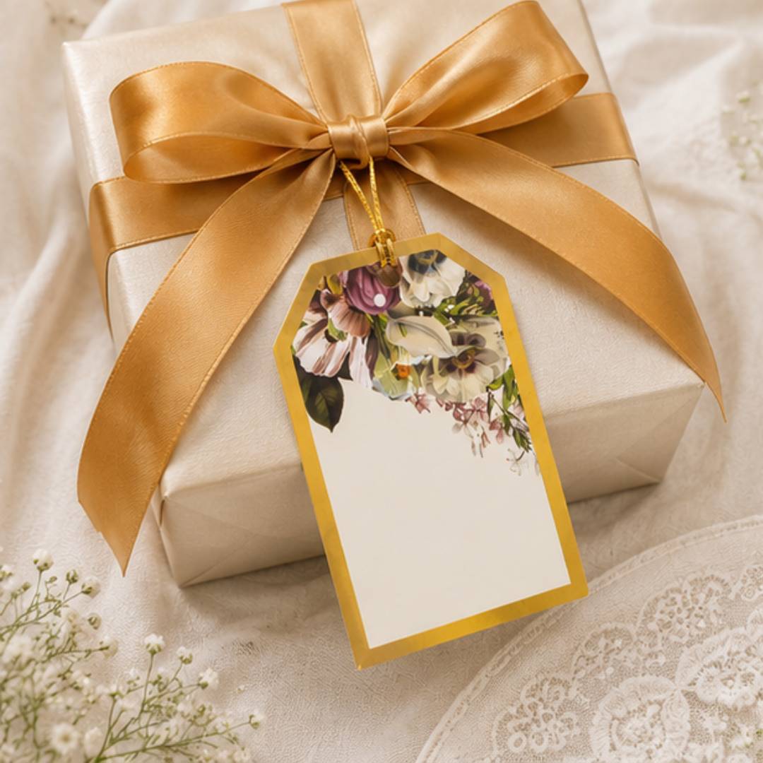 Sophisticated floral hanging tags styled with satin ribbons and soft neutral props, perfect for weddings, hampers, and festive packaging.
