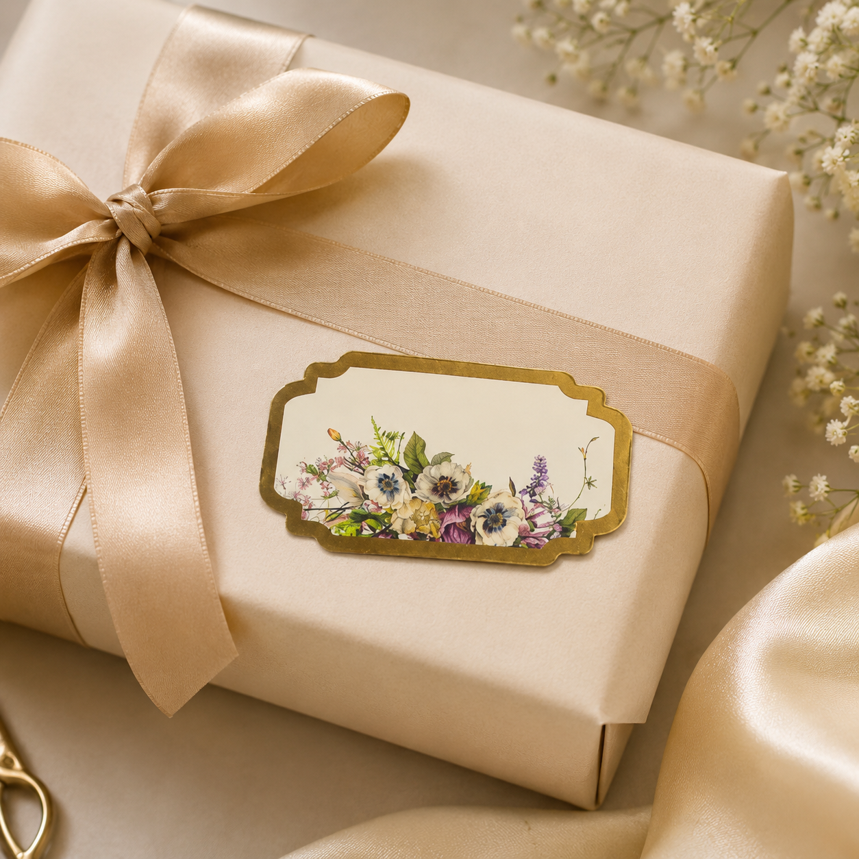Elegant ivory sticker tag featuring soft spring flowers in pastel tones with refined gold accents for wedding favors and gift hampers.