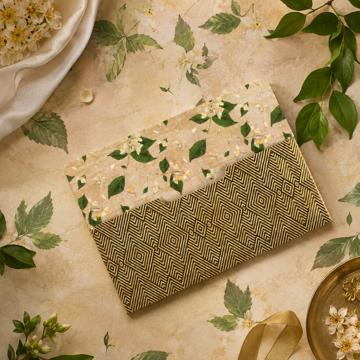 Money envelopes in deep green and beige, adorned with bold gold details and exquisite Indian jasmine flowers.