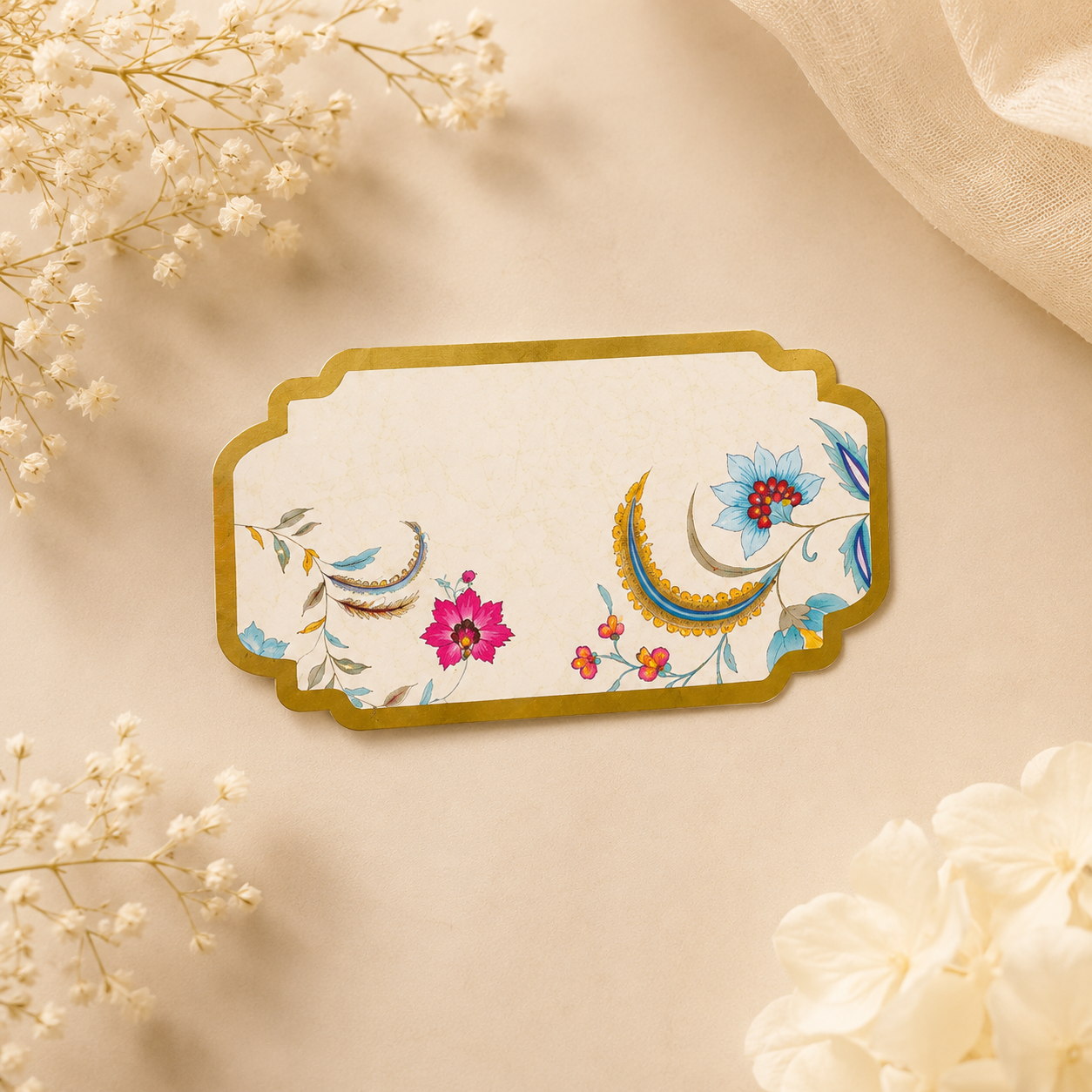 Sophisticated cream sticker tag featuring delicate floral illustrations and ornate gold accents, perfect for weddings, festive gifting, and luxury hampers.