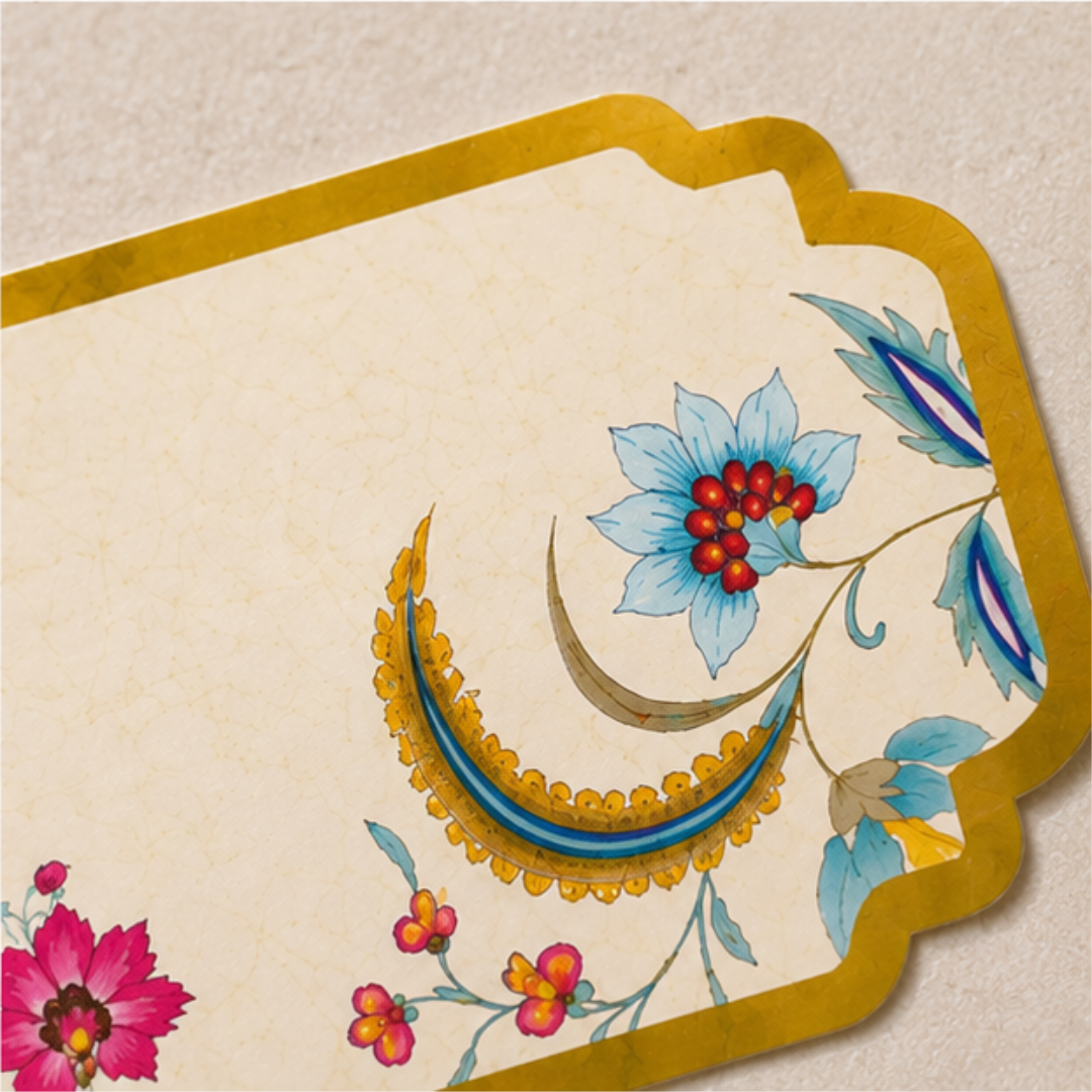 Elegant floral peel and stick gift tag with intricate blue and pink botanical artwork, crescent motifs, and luxurious gold border detailing.