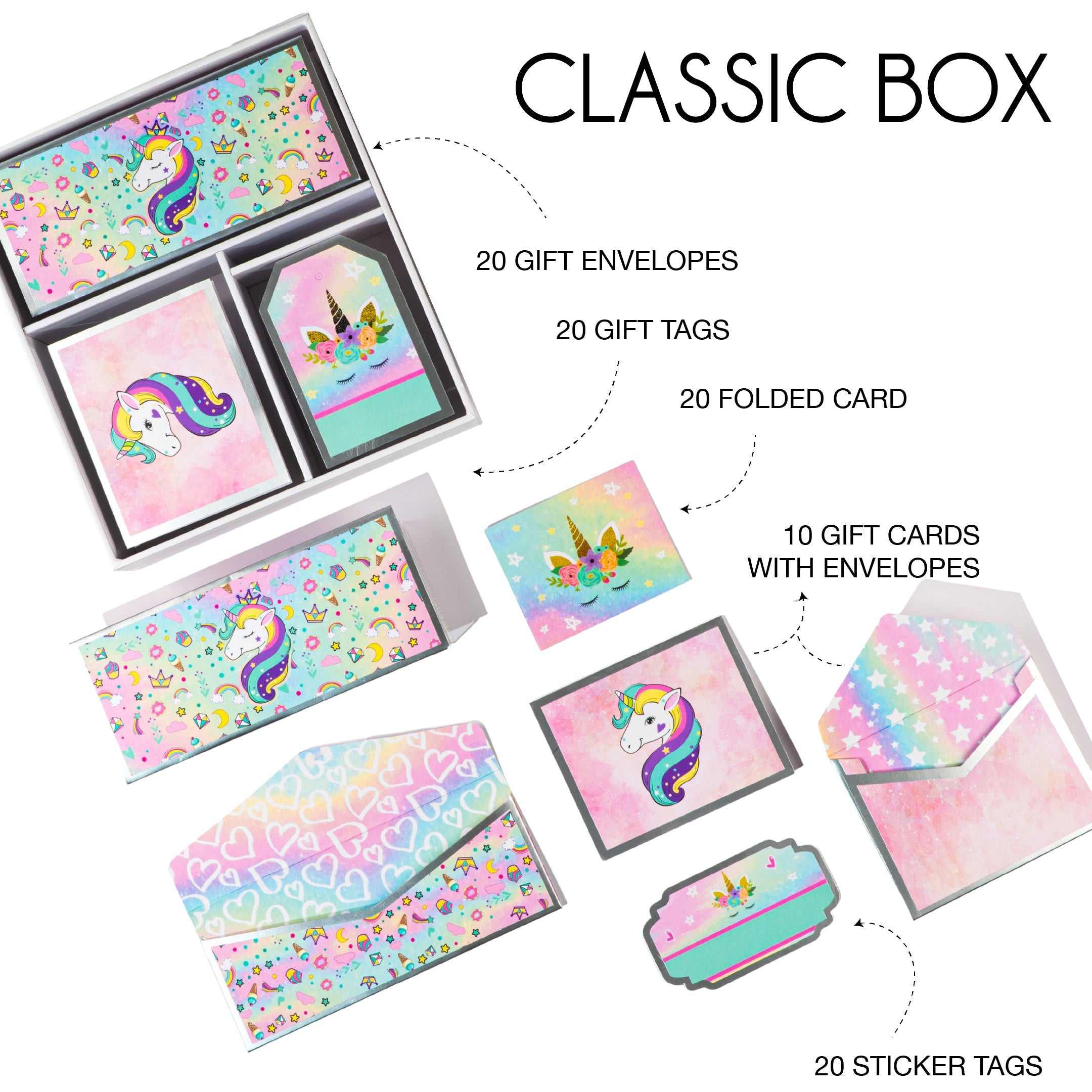 Pastel unicorn gifting stationery set showcasing magical illustrations, starry designs, and coordinated envelopes and cards.