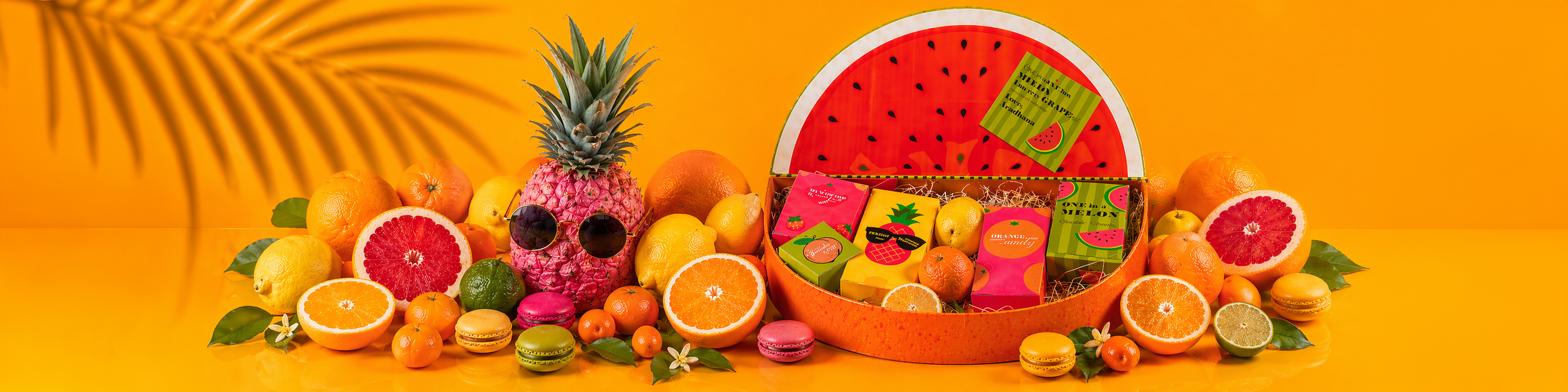 Colorful fruit-themed birthday gift hamper with assorted goodies, citrus fruits, and playful packaging designed for a child’s celebration.