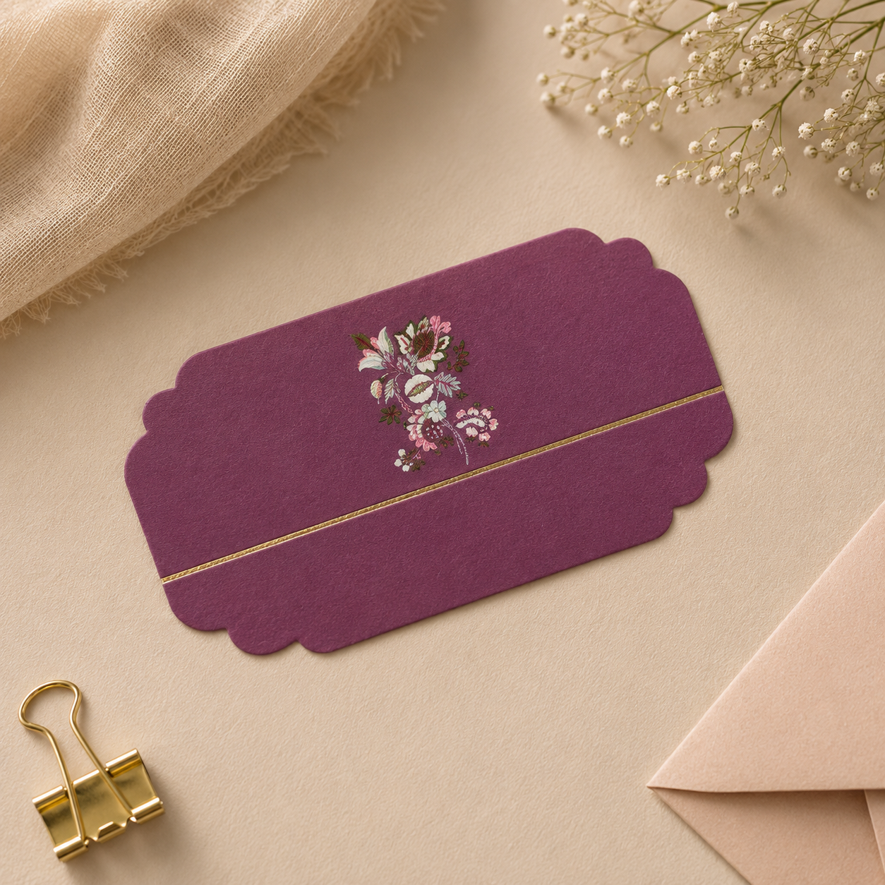 Premium plum-colored gift sticker with intricate floral accents and refined gold line detailing for elegant gift packaging.
